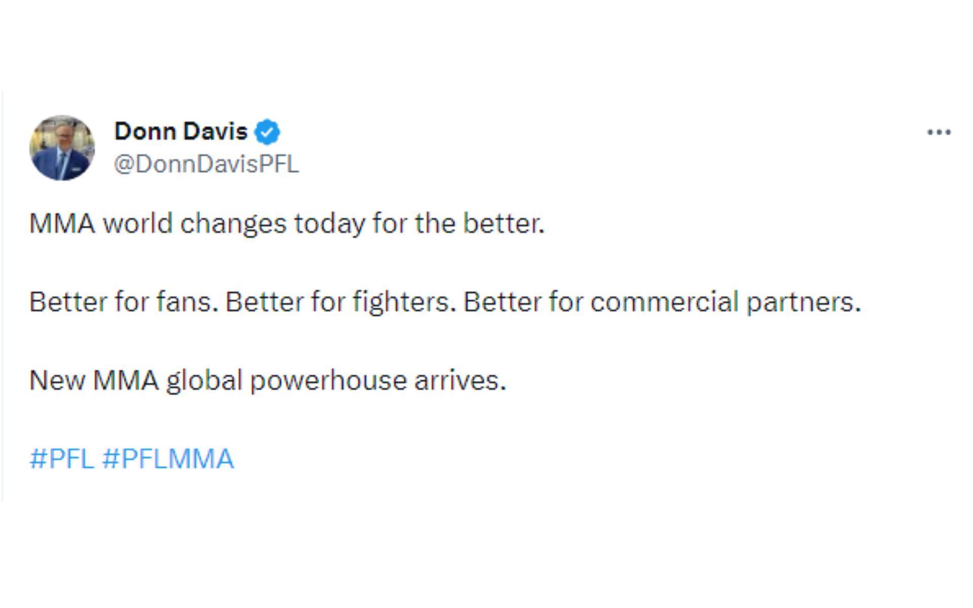 Donn Davis' tweet regarding Bellator acquisition