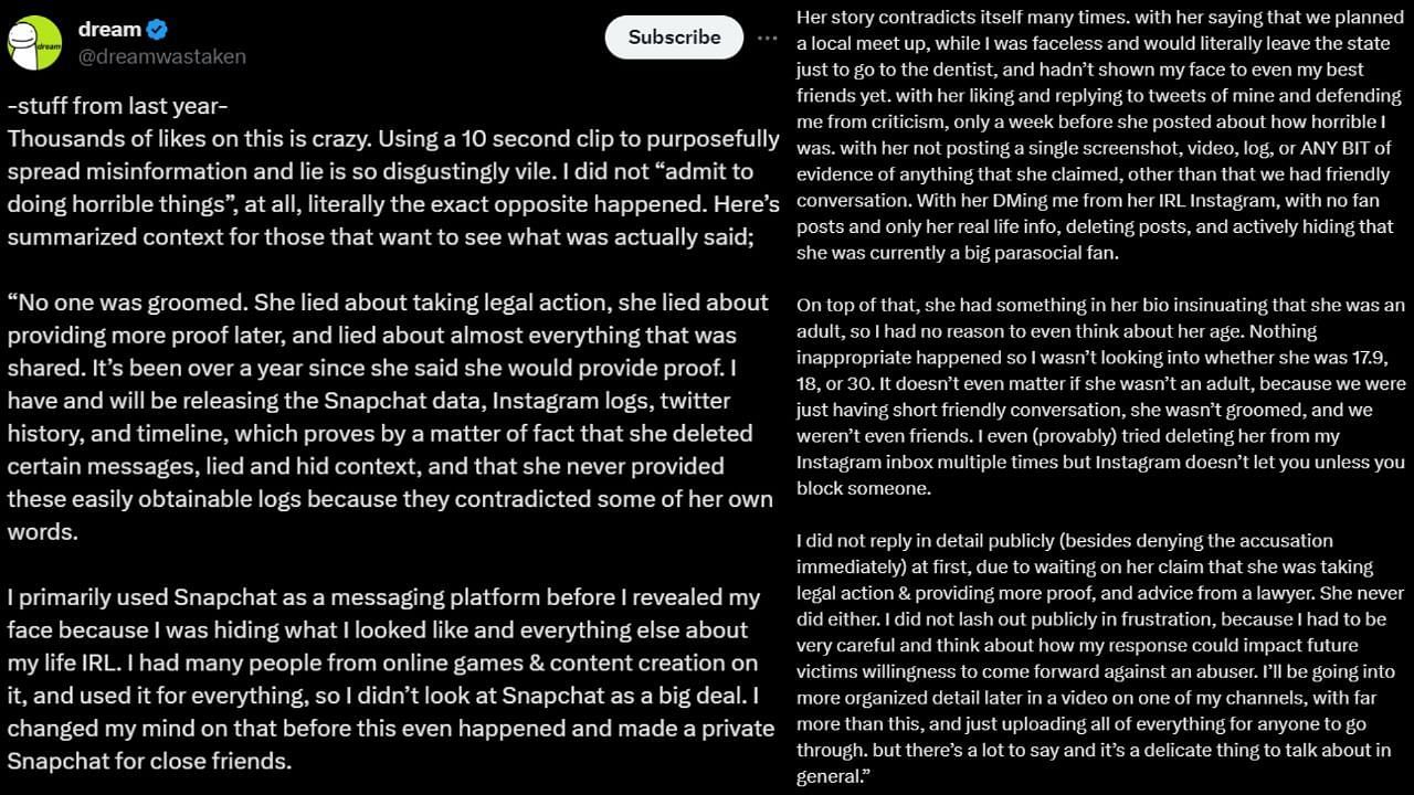 Dream responded to resurfacing allegations from last year (Image via dreamwastaken/X)