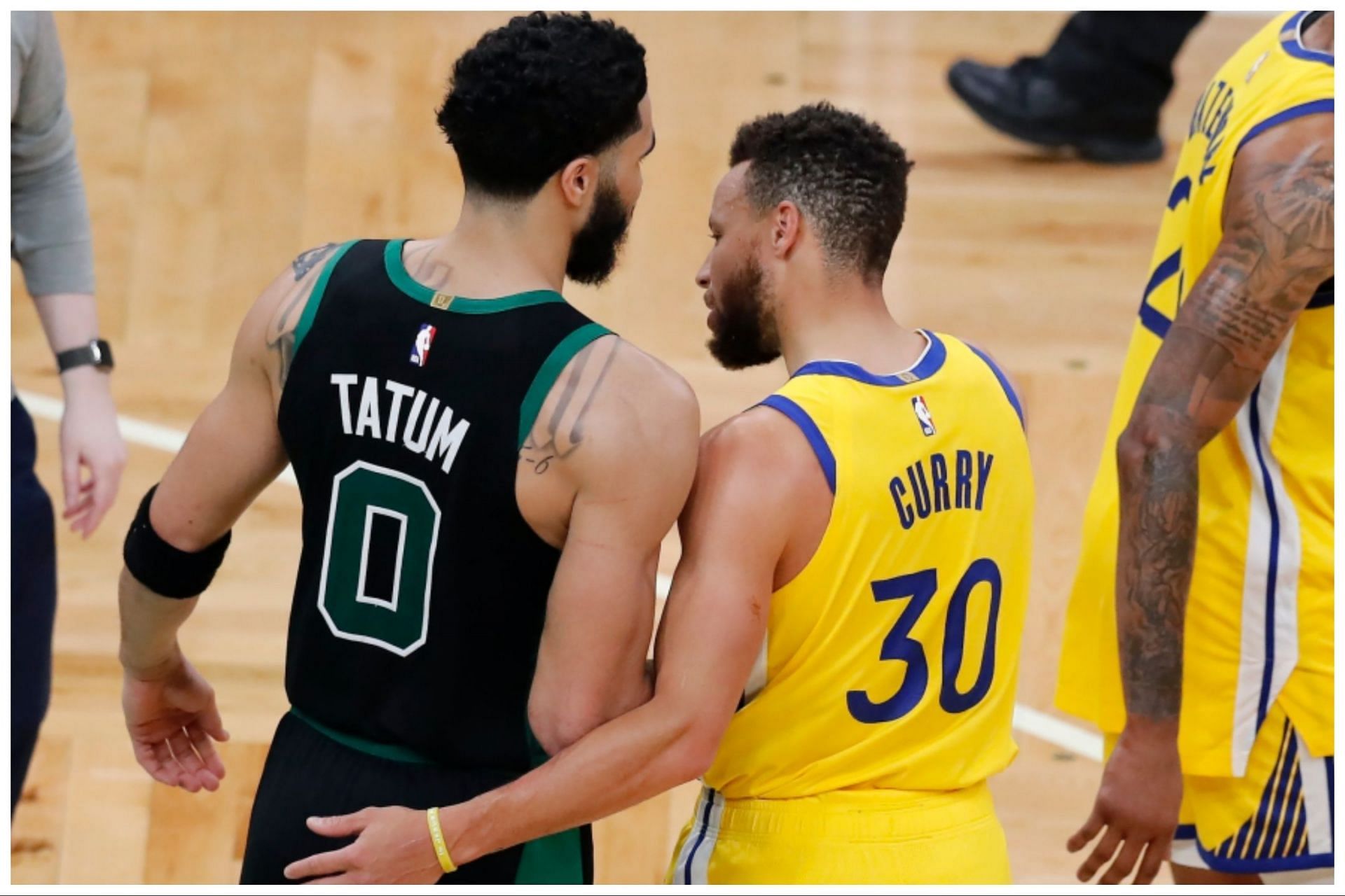 Jayson Tatum (left) and Stephen Curry (right) are among the candidates for the NBA regular-season MVP (AP Photo/Michael Dwyer)