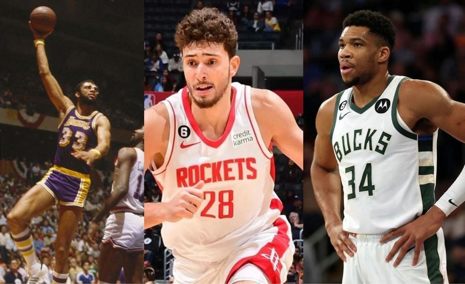 Houston Rockets center Alperen Sengun (C) is on track to eclipse the record once set by Giannis Antetokounmpo (R) and Kareem Abdul-Jabbar (L).