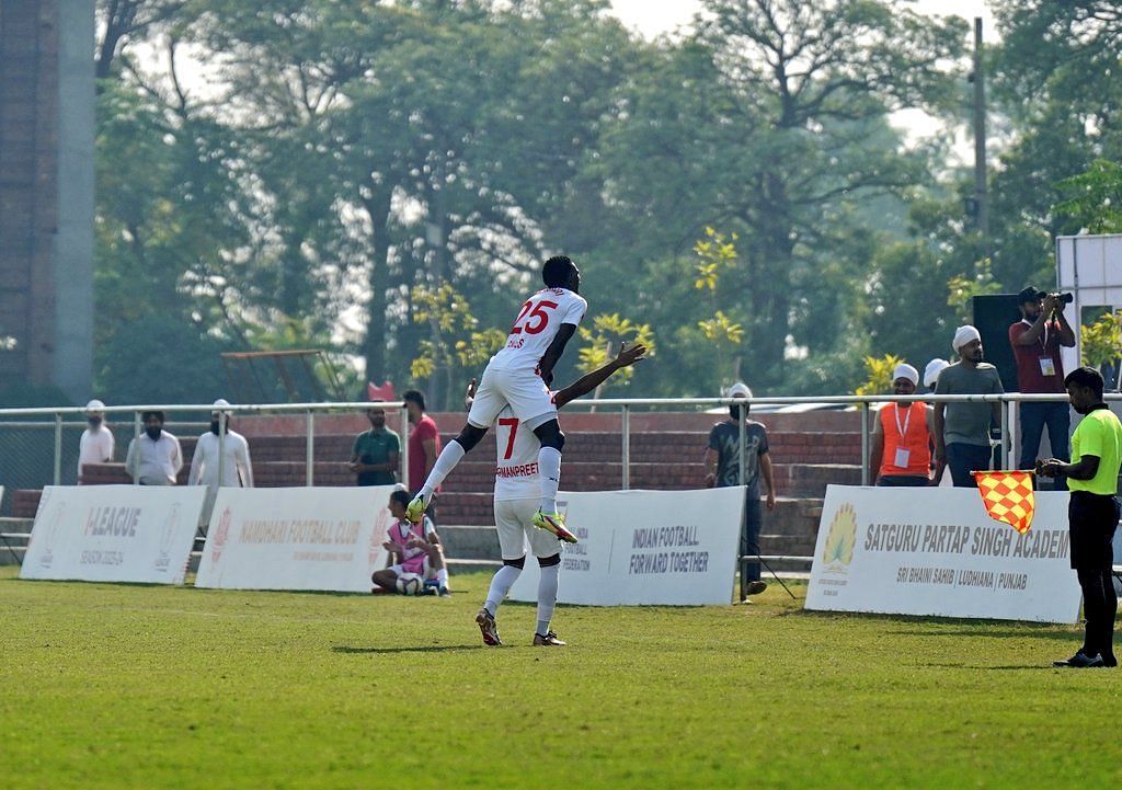 Namdhari players celebrating a goal against Inter Kashi (Image Credits: X/I-League)