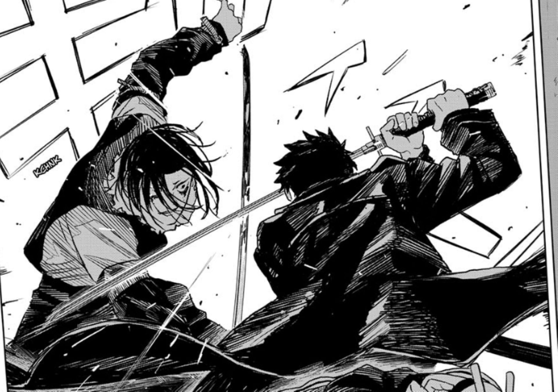 Chihiro blocks Sojo&#039;s blade (Image via Takeru Hokazono/Shueisha)