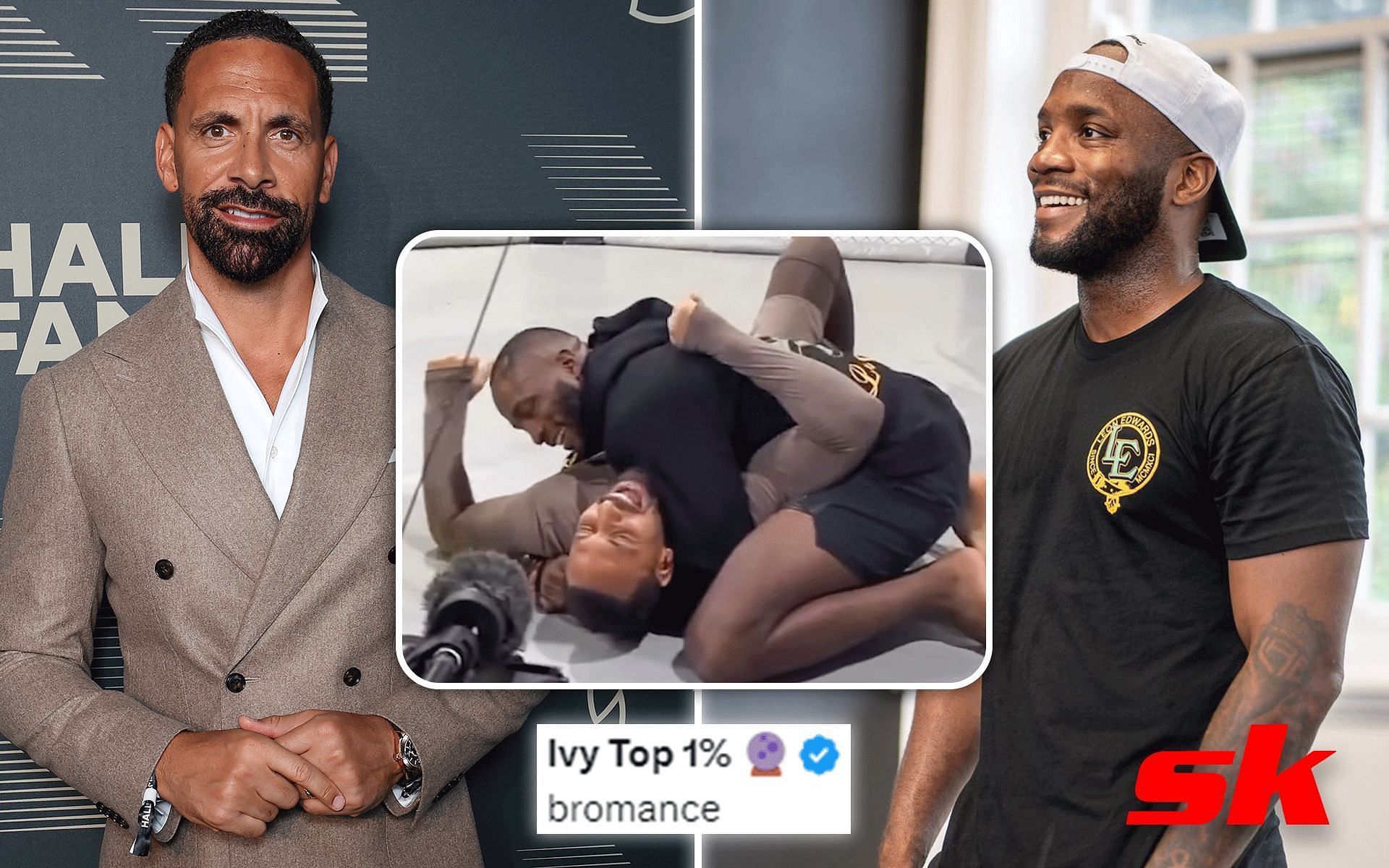 Rio Ferdinand (Left); Edwards vs. Ferdinand grappling exchange (Middle); Leon Edwards (Right) [*Image courtesy: Getty Images; @tntsportsufc Instagram; @leonedwardsmma Instagram]