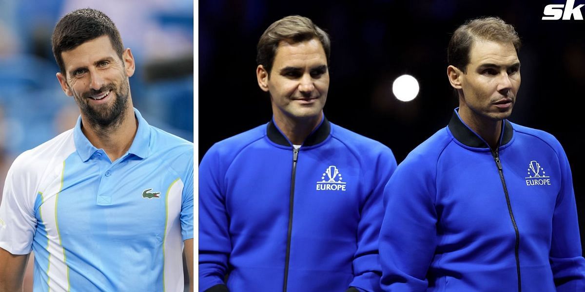 Novak Djokovic (L), Rafael Nadal and Roger Federer (R)