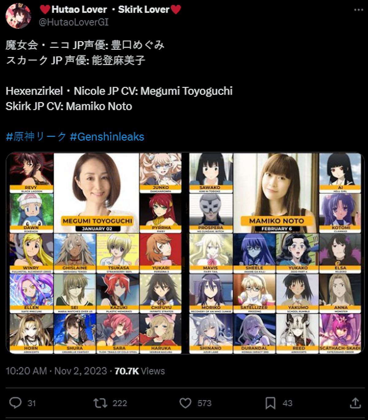 Hutao Lover leaked the Japanese voice actresses for the upcoming NPCs (image via HoYoverse)