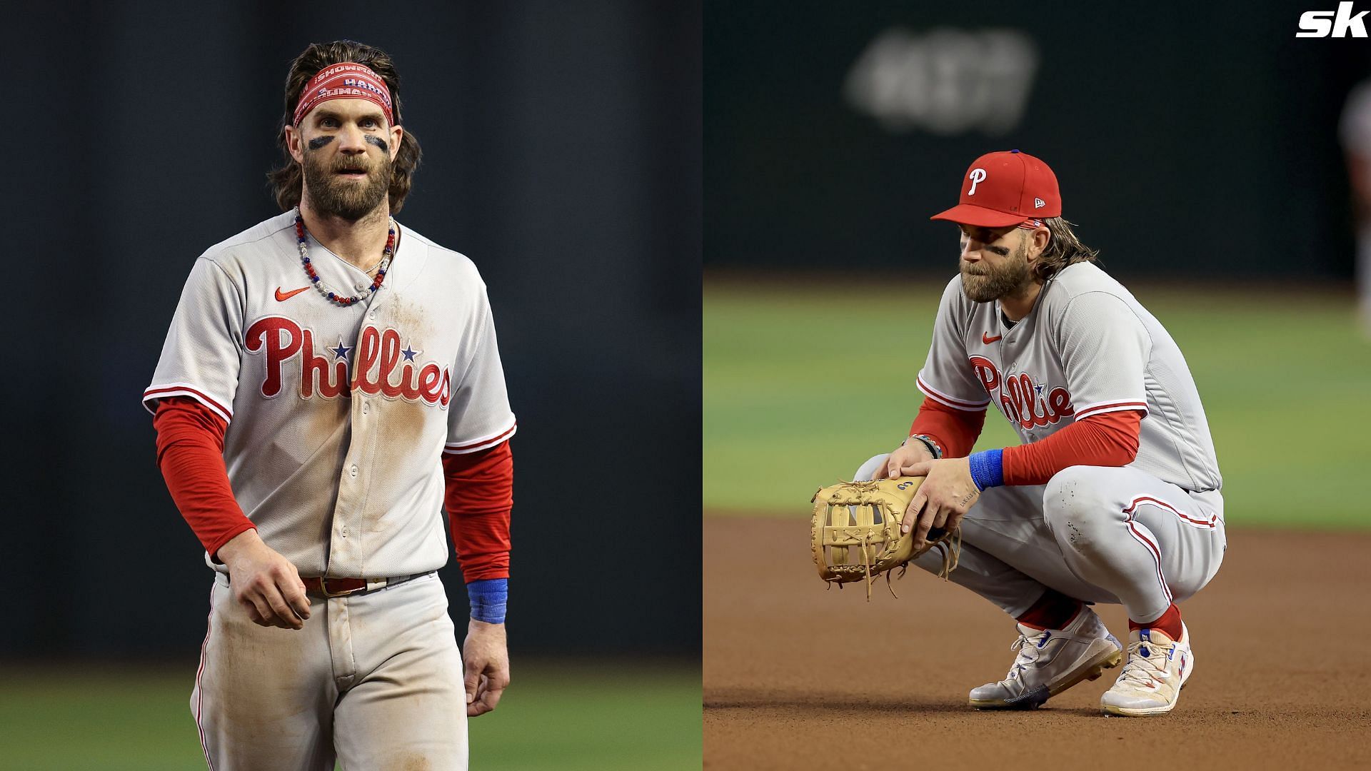 Bryce Harper of the Philadelphia Phillies looks on during the NLCS against the Arizona Diamondbacks