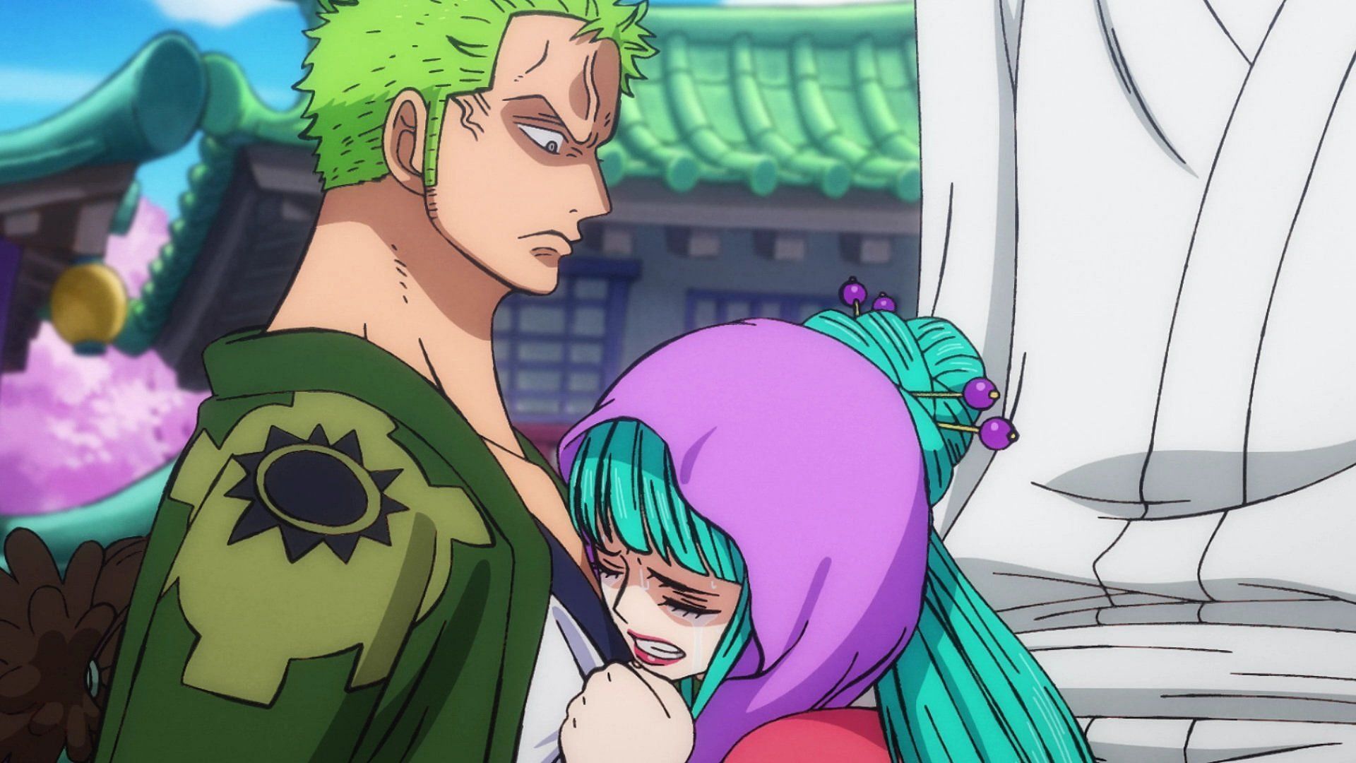 Hiyori cuddling up to Zoro after Yasuie&#039;s death (Image via Toei Animation, One Piece)