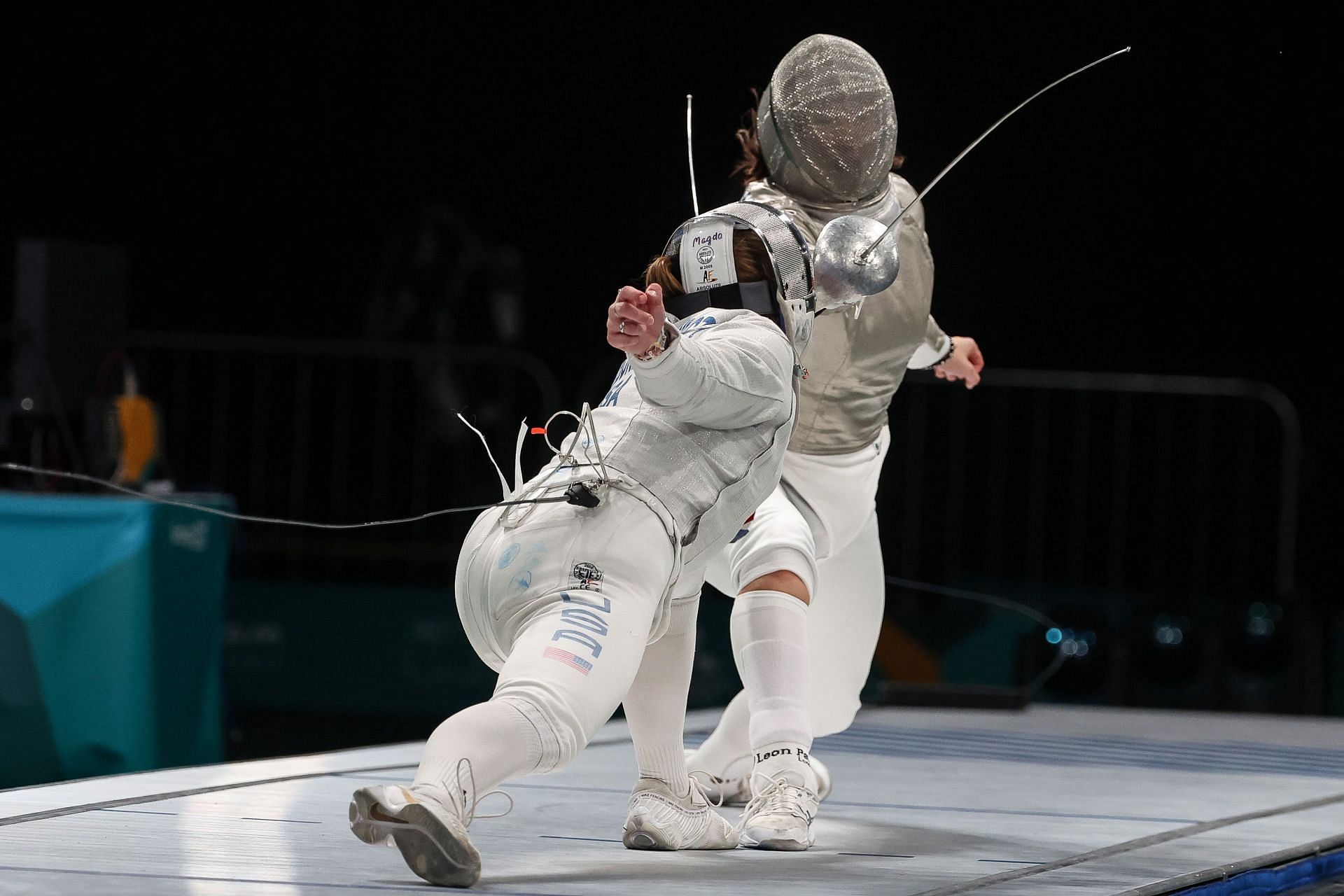 Magda Skarbonkiewicz competes against Maia Chamberlain during the Fencing - Women&rsquo;s Sabre Individual Final at the 2023 Pan Am Game in Santiago, Chile.