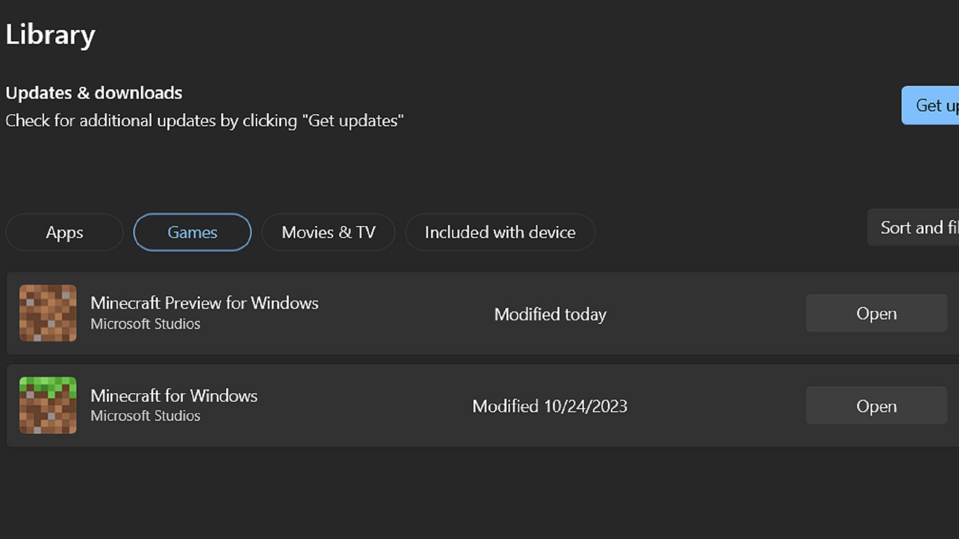 The Microsoft Store can provide easy updates for Bedrock Previews that have already been installed (Image via Microsoft)