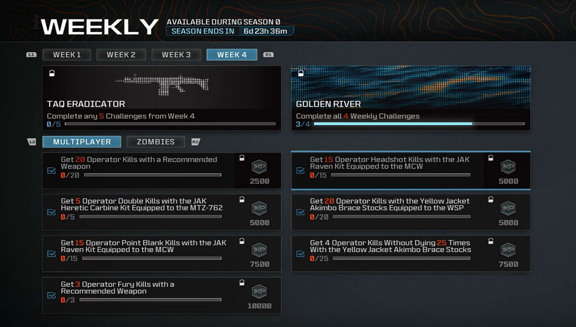 The tasks of the multiplayer mode for Week 4 of Season 0 Weekly challenges in Modern Warfare 3 (Image via Activision)