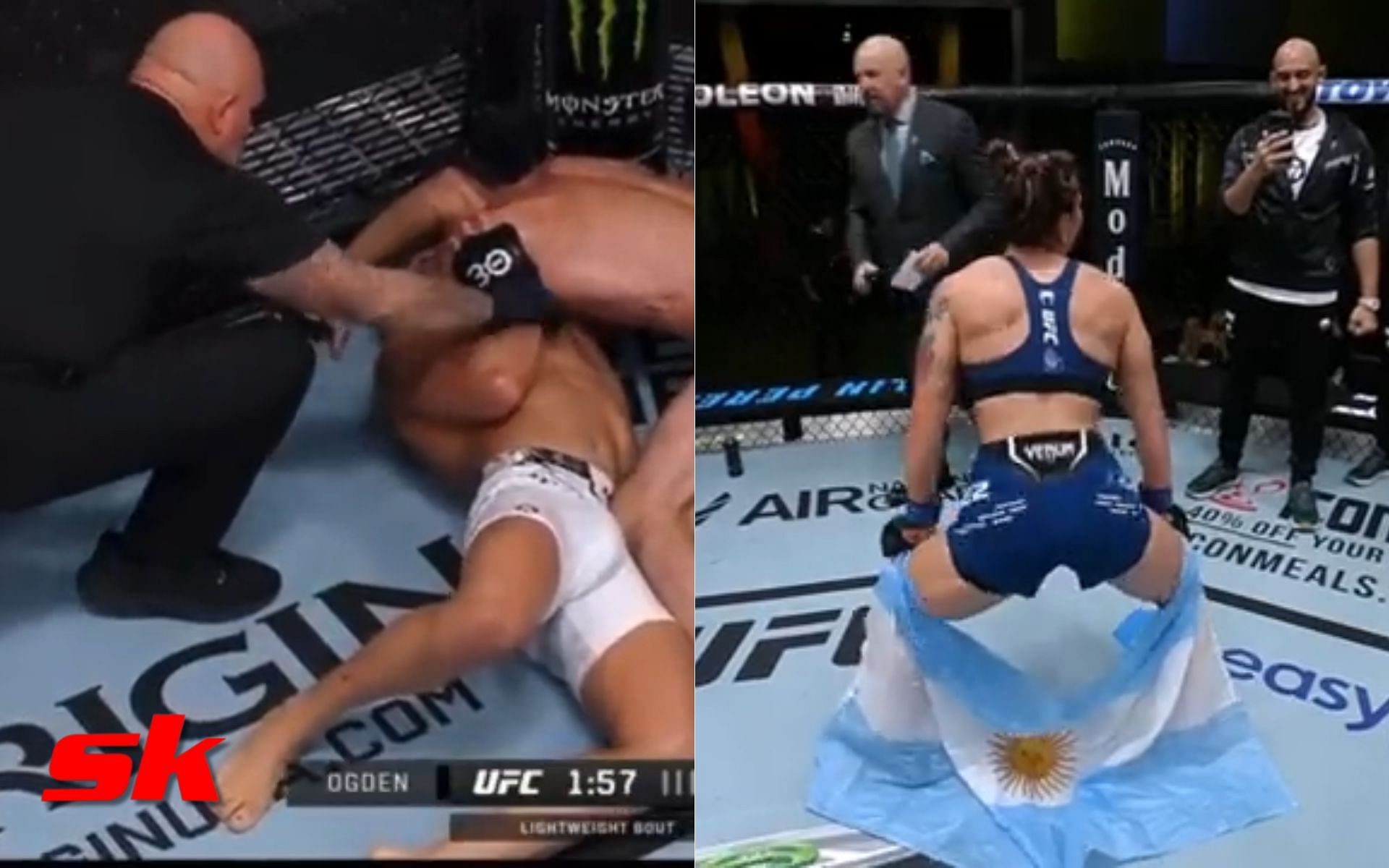 Mike Beltran stopping a UFC Vegas 82 fight (left), Ailin Perez twerking inside the cage (right) [Image credits: @spinninbackfist, @JustTheFights]