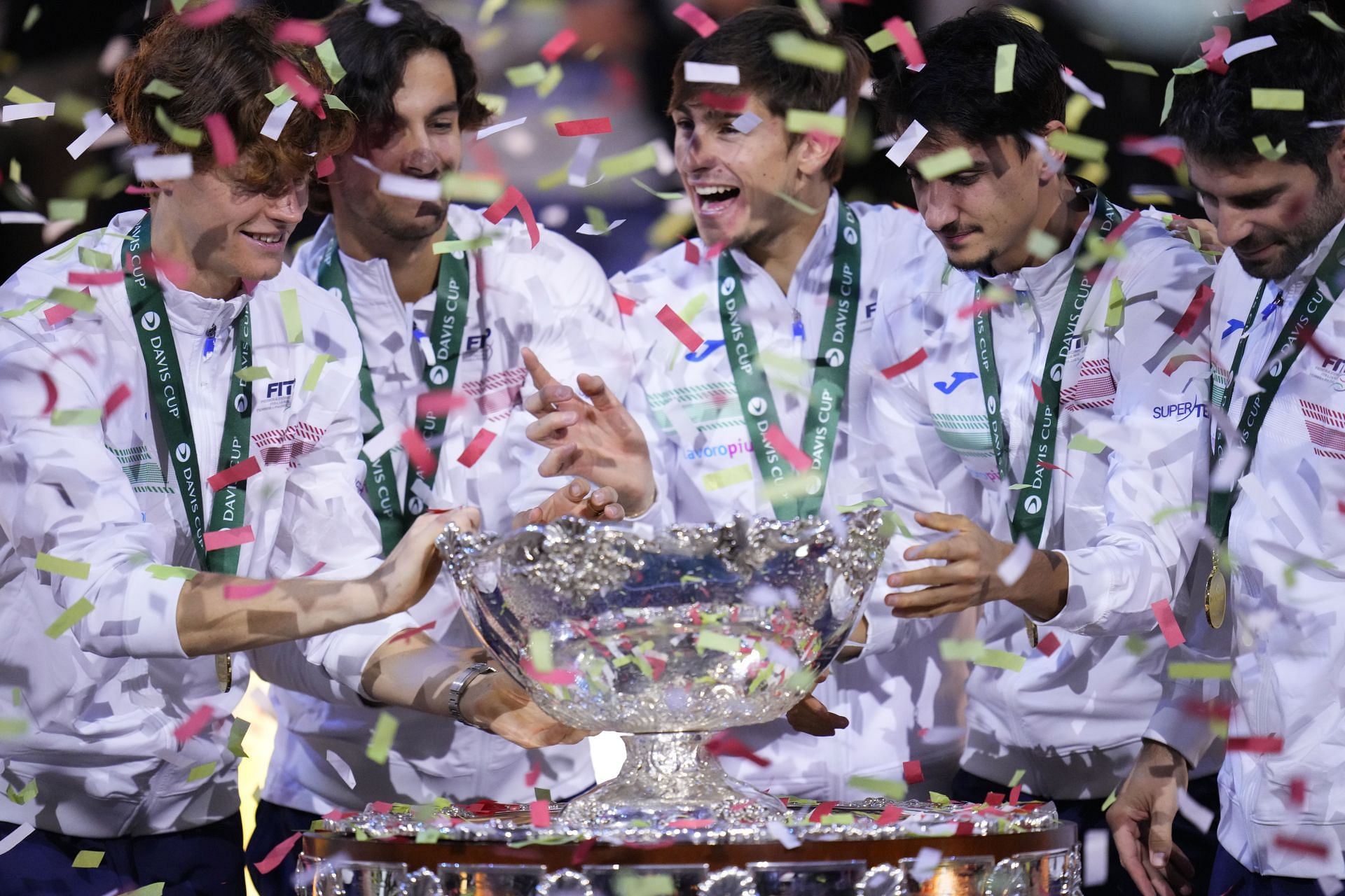 Team Italy celebrates winning the 2023 Davis Cup Finals in Malaga, Spain