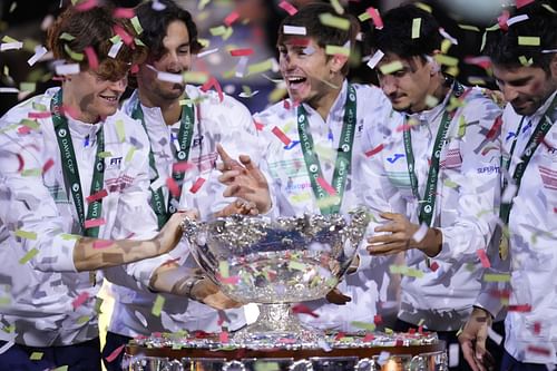 Team Italy celebrates winning the 2023 Davis Cup Finals in Malaga, Spain