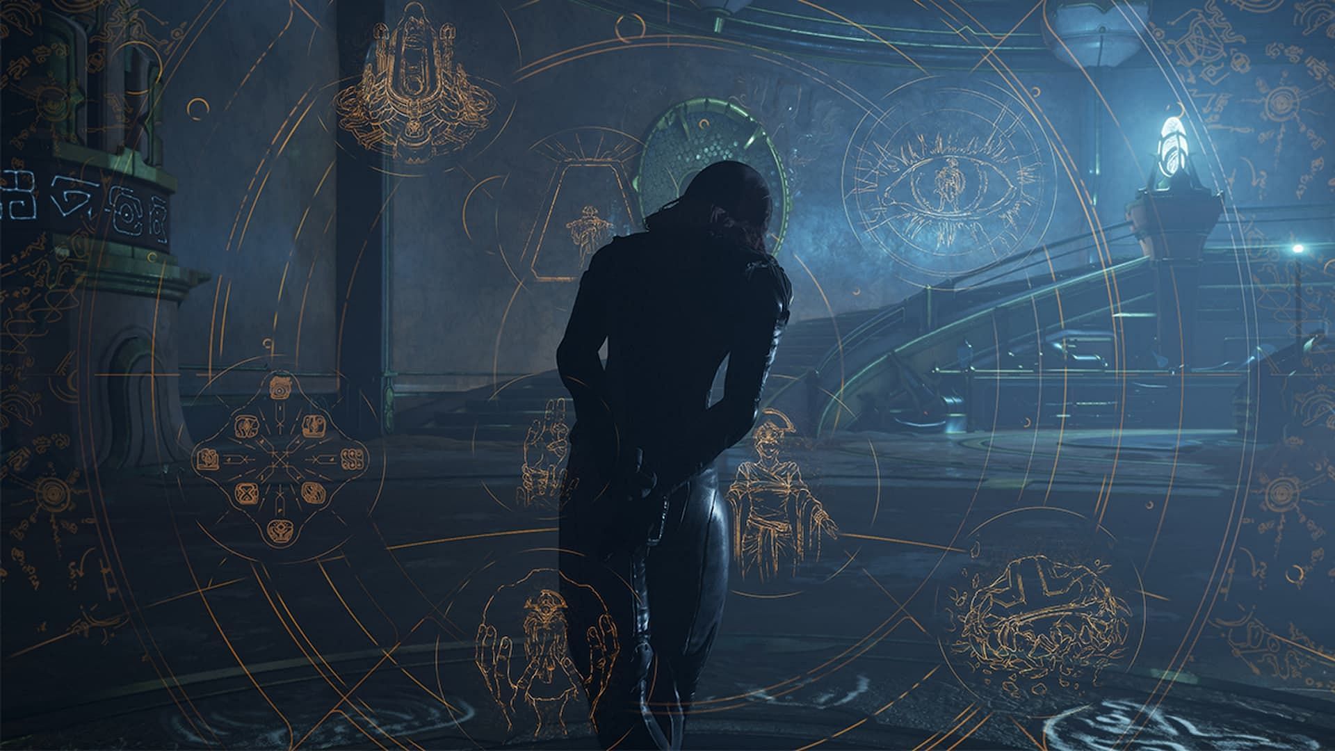 Warframe Whispers in the Wells key art featuring vitruvian themed frames
