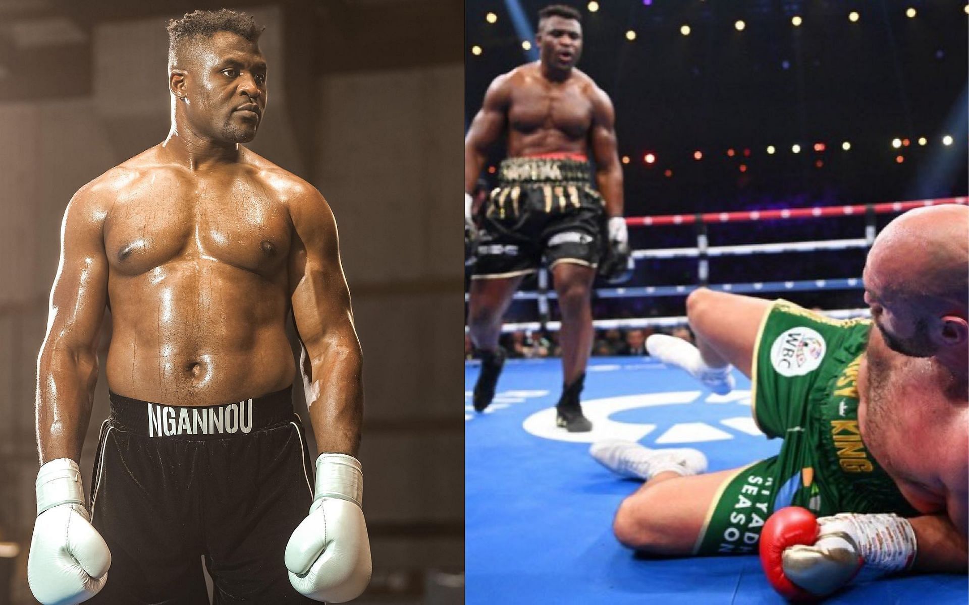 Francis Ngannou (left) and Francis Ngannou knocking down Tyson Fury (right) (Image credits @francisngannou on Instagram)