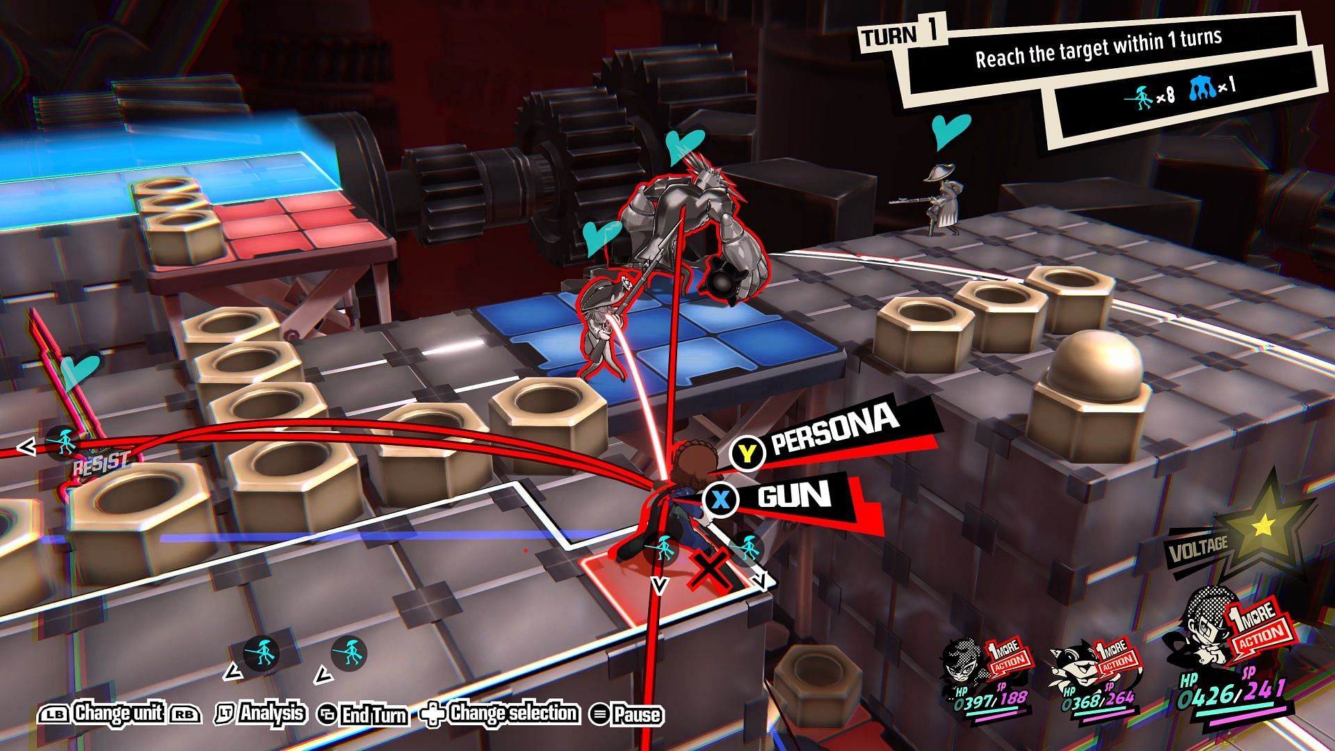 Keep Makoto in the middle to maneuver the Red lift (Image via Persona 5 Tactica)