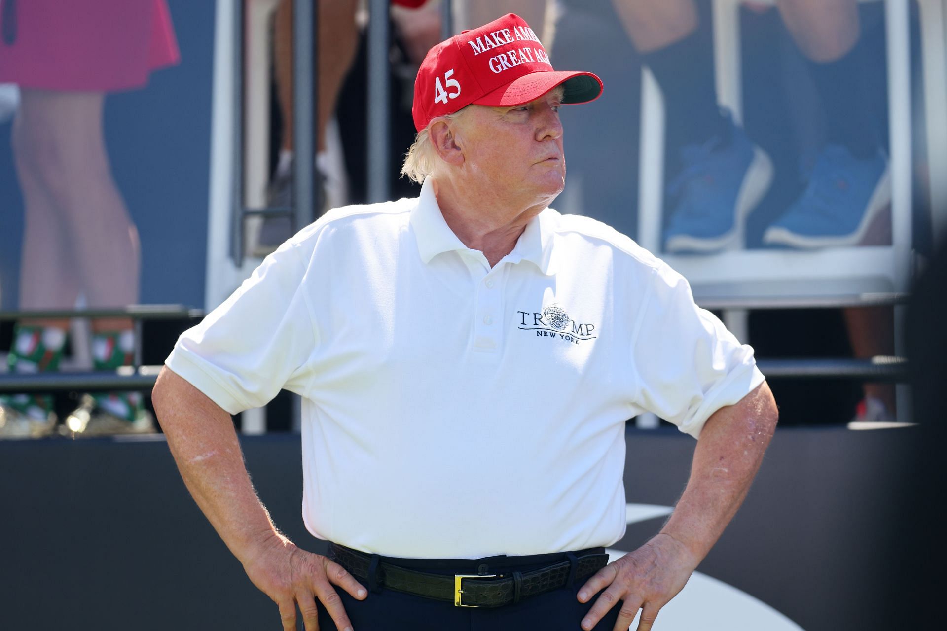 LIV Golf Invitational-Bedminster - Day Three: BEDMINSTER, NEW JERSEY, AUGUST 13: Former President Donald Trump looks on at hole one prior to the start of day three of the LIV Golf Invitational-Bedminster at Trump National Golf Club on August 13, 2023, in Bedminster, New Jersey. (Photo by Mike Stobe/Getty Images) )