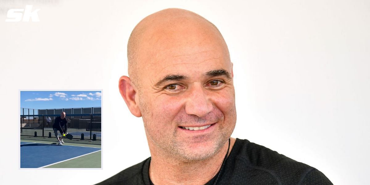 Andre Agassi practices on court (inset) ahead of Pickleball Slam 2