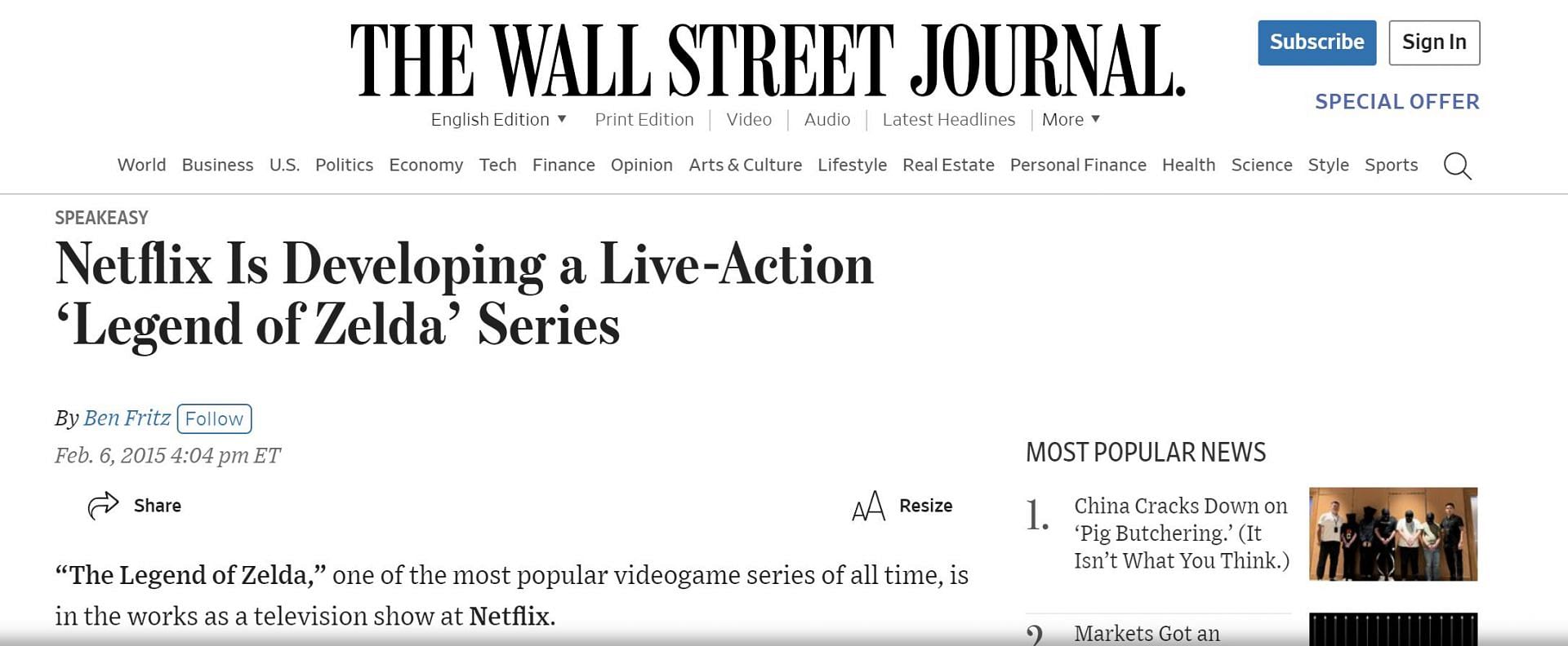 A screenshot from the WSJ website of the aforementioned article