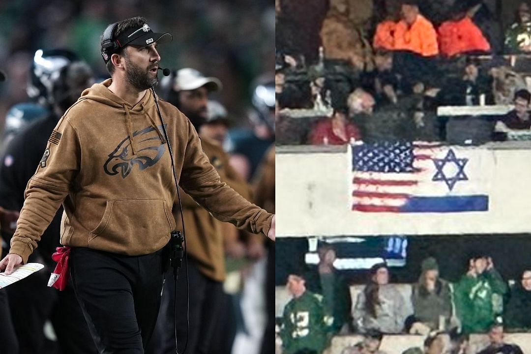 Eagles HC Nick Siranni and US - Israel flag flashed by George Norcross | Image Credit: Congressman Donald Norcross/X