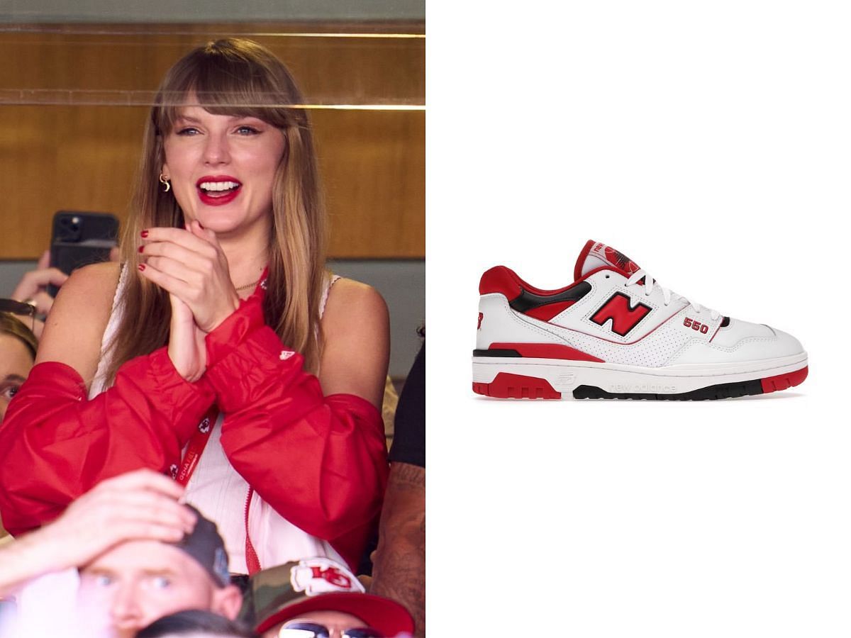 Taylor Swift was spotted at another Kansas City Chiefs&rsquo; game wearing the New Balance 550 and a closeup of the sneakers (Image via X/Resell news)