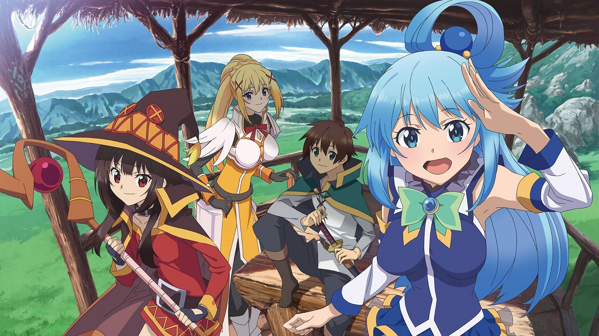From left to right - Megumin, Darkness, Kazuma, and Aqua, the protagonists of Konosuba. (Image via Studio Deen)