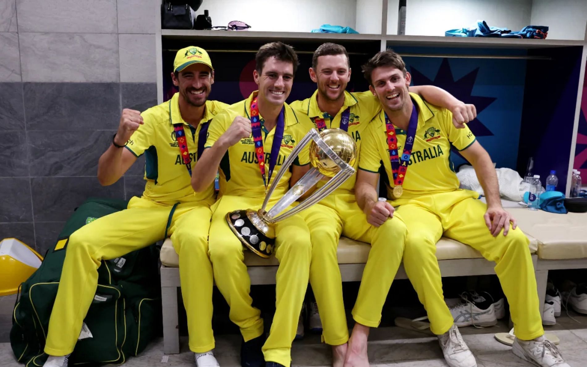 Australian players rejoice with the ODI World Cup trophy in hand.