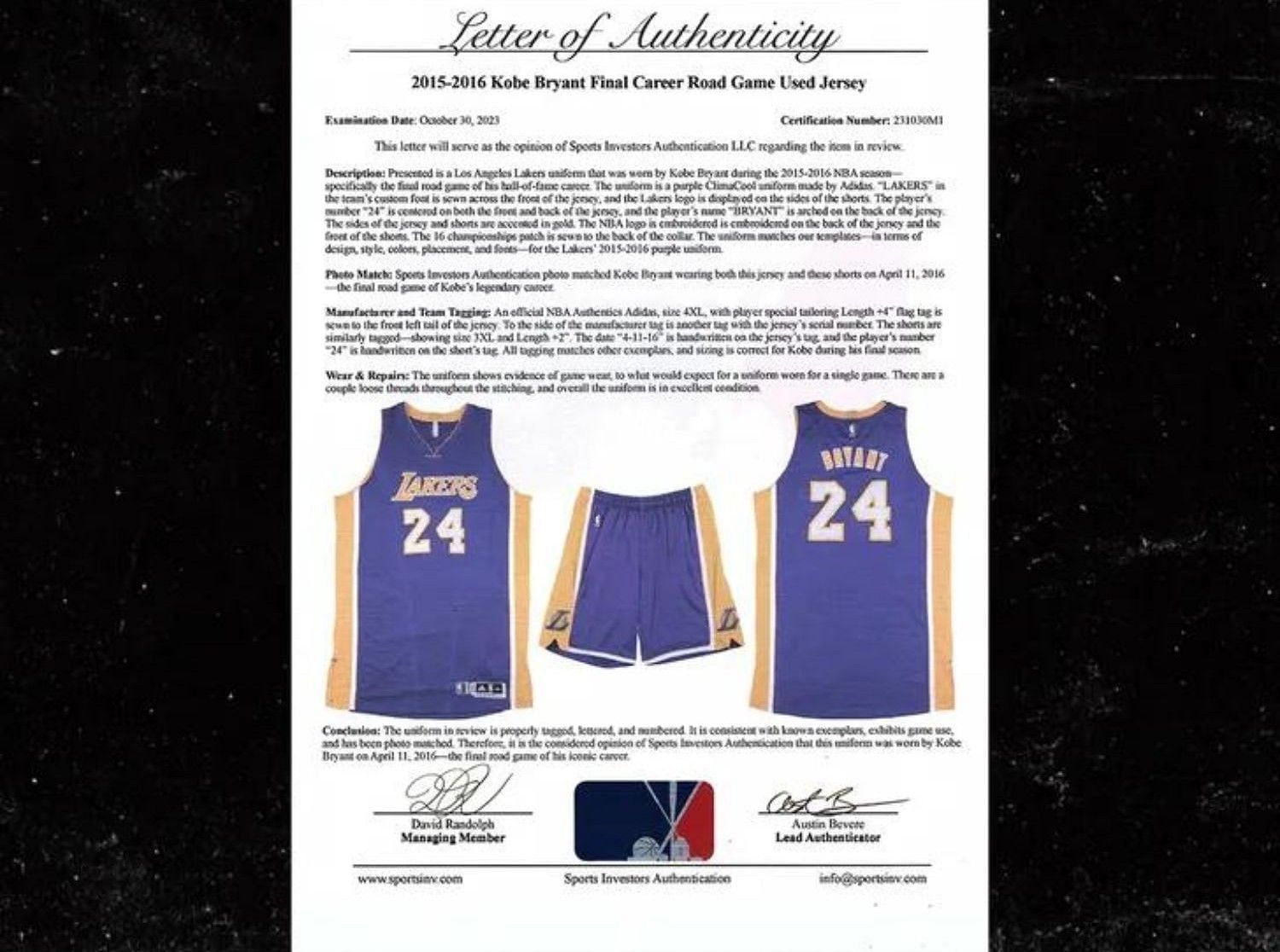The Kobe Bryant items have been authenticated. (SCP Auctions)