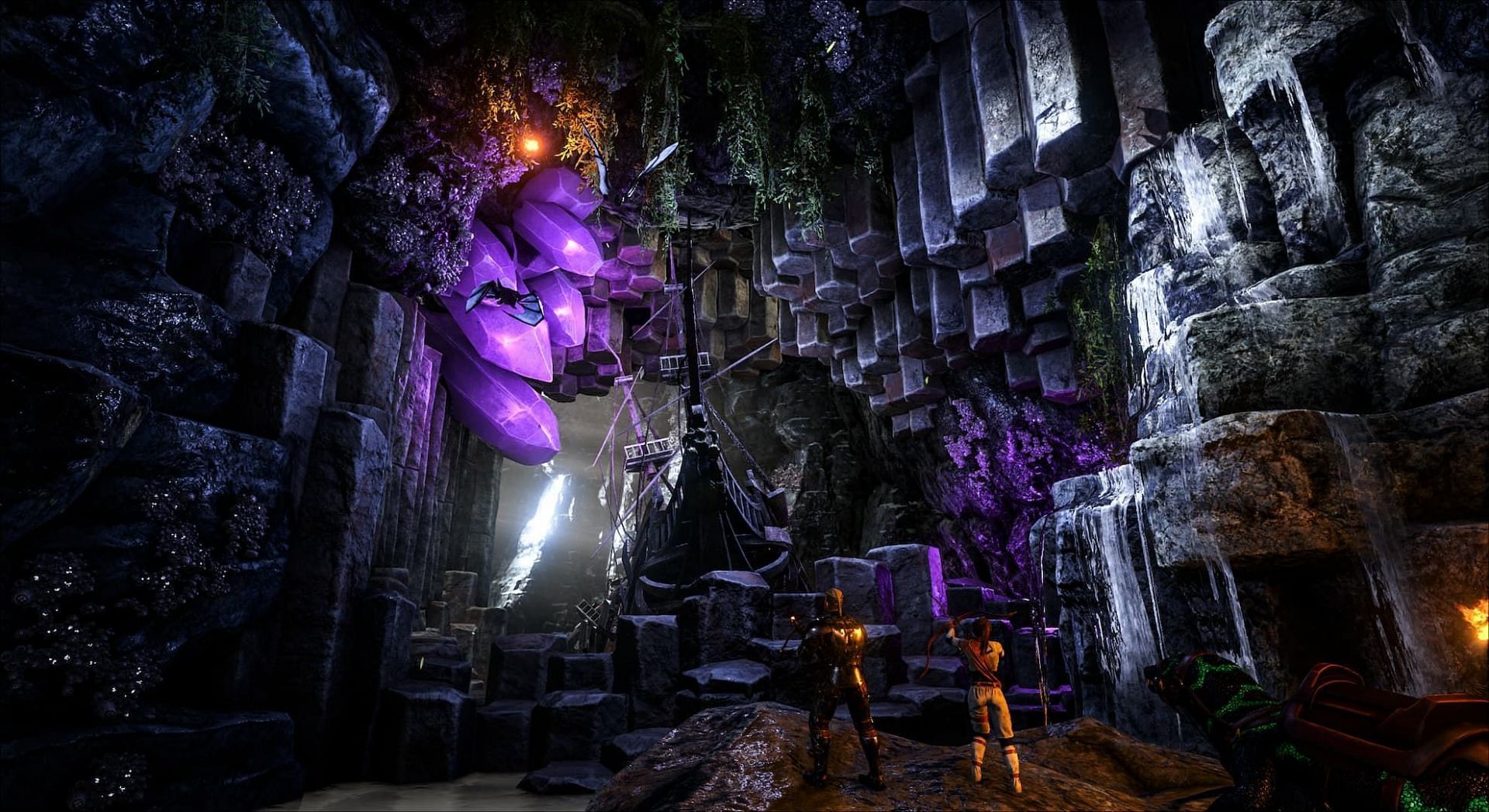 A cave with two players, a ship wreck and predators in ARK Survival Ascended