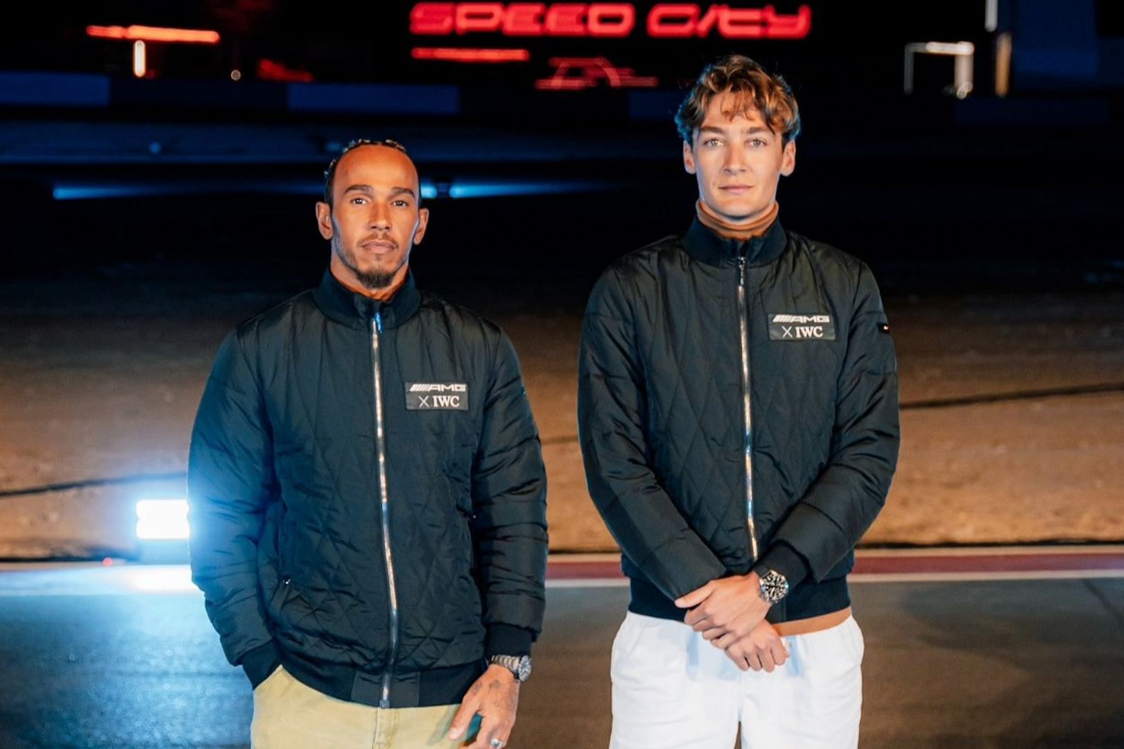 Lewis Hamilton (L) and George Russell (R) (Image via X/@MercedesAMGF1)