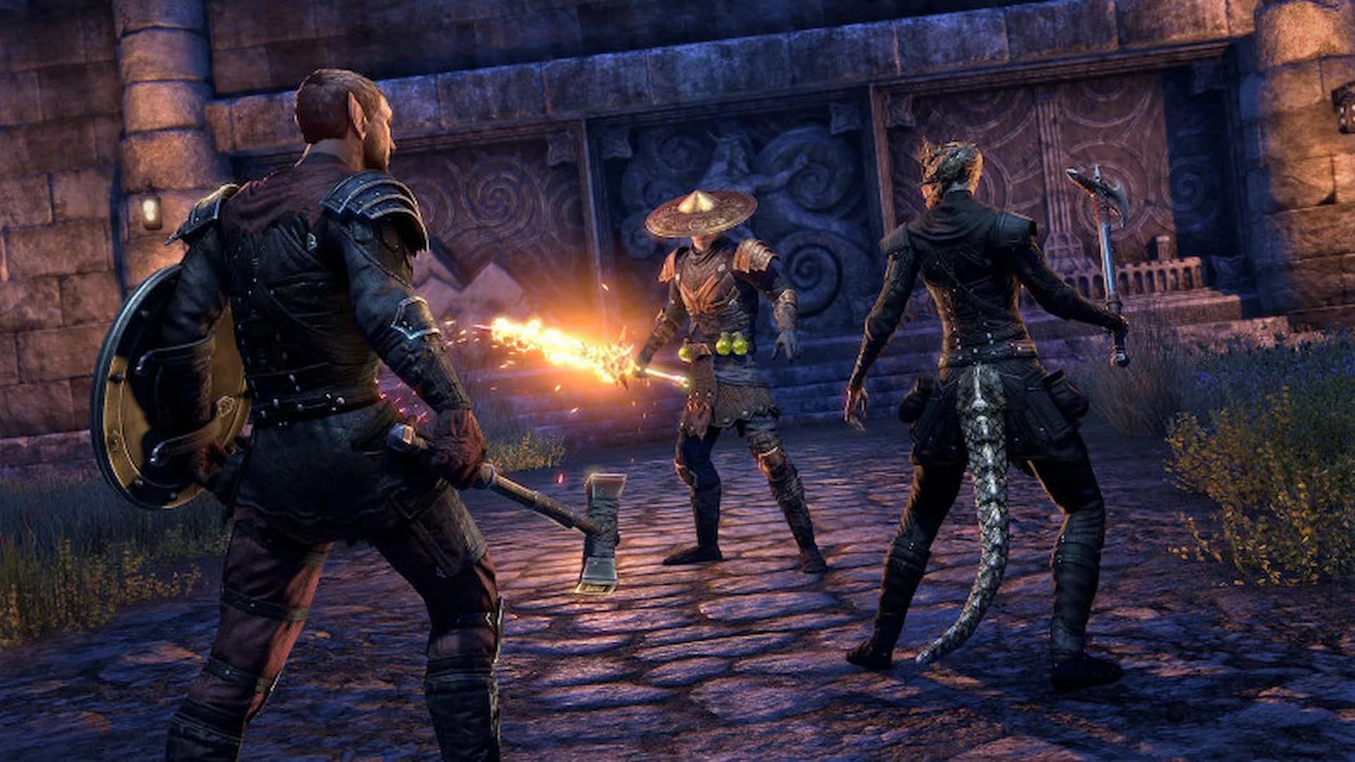 Two people with a hammer and an axe battling against one person with a flaming sword in The Elder Scrolls Online