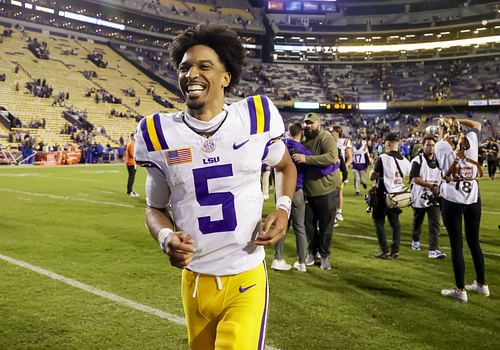 Florida LSU Football: LSU quarterback Jayden Daniels (5) runs off the field following a win over Florida in an NCAA college football game in Baton Rouge, La., Saturday, Nov. 11, 2023. (AP Photo/Derick Hingle)