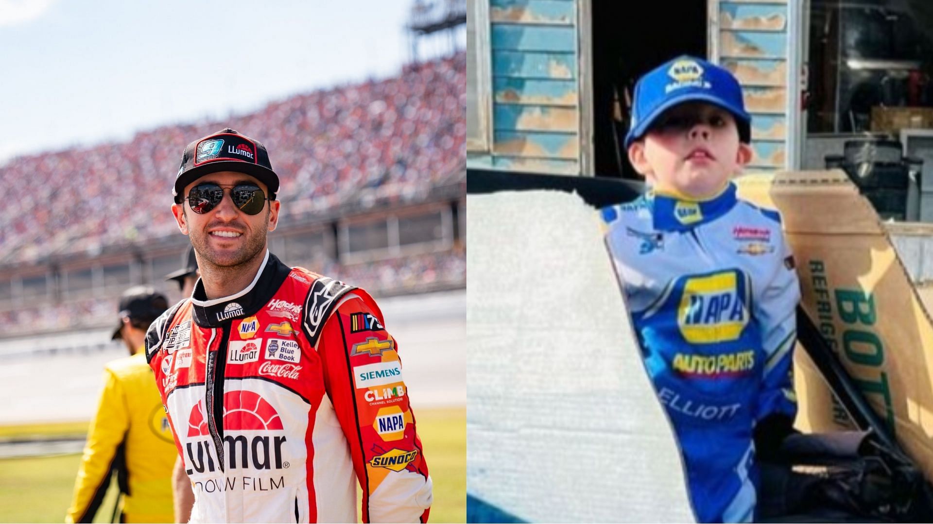 Chase Elliott reacts to a young fan sporting his racing gear as a Halloween costume