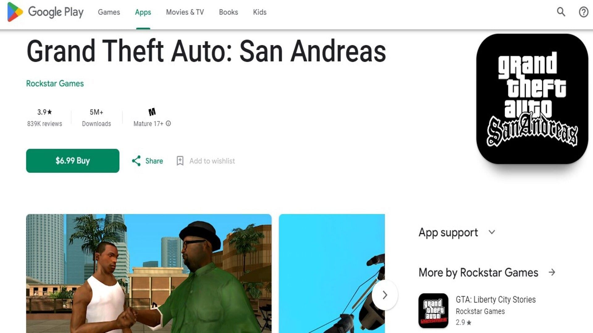 The official Play Store page of GTA San Andreas (Image via Google Play Store)
