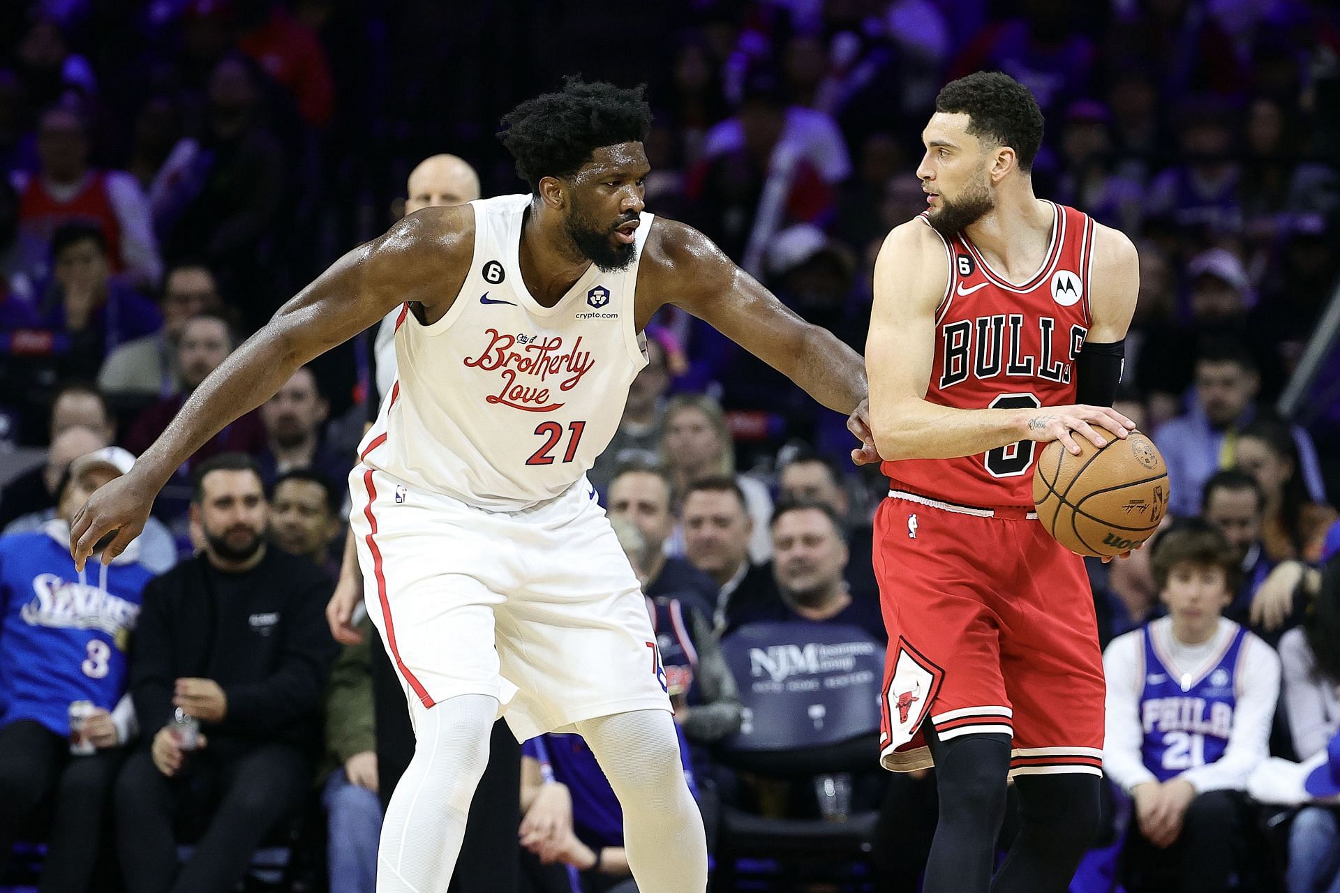 Joel Embiid of the Philadelphia 76ers guards Zach LaVine of the Chicago Bulls