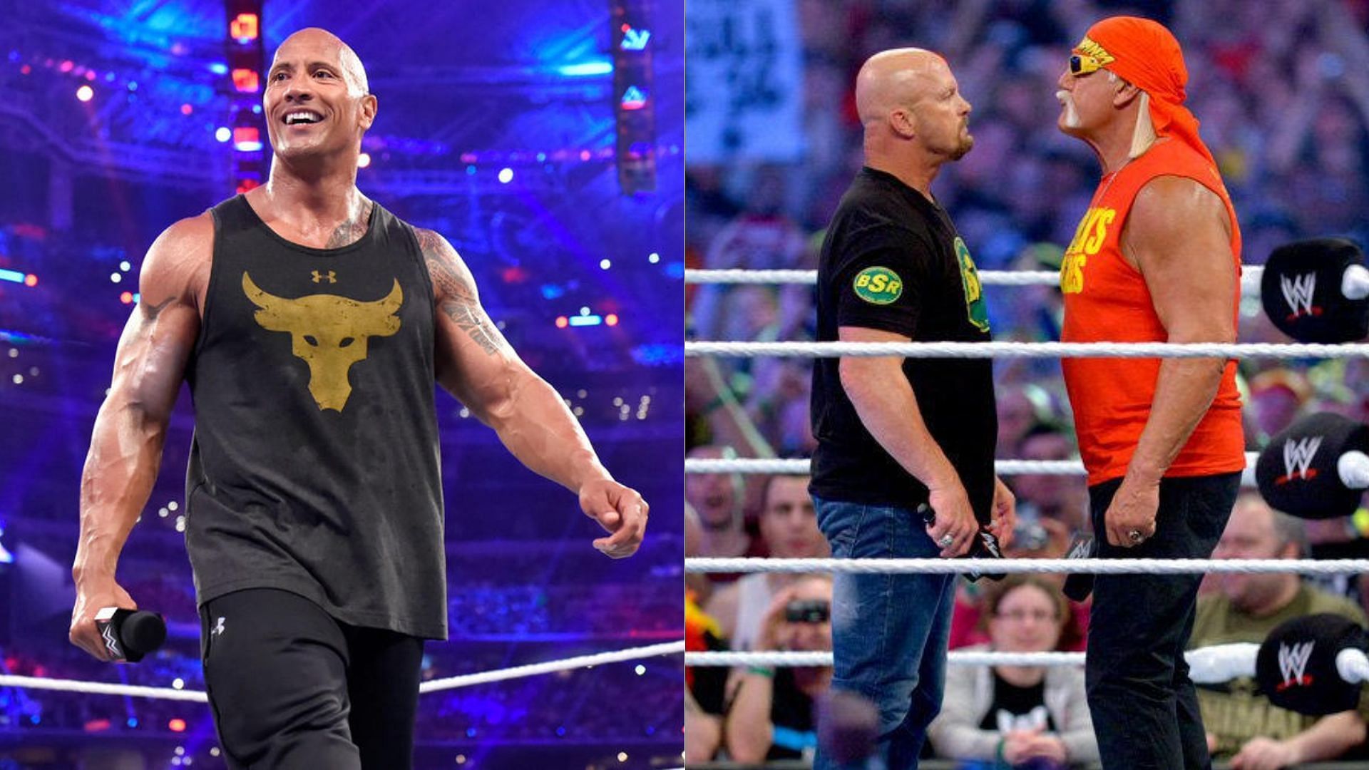 The Rock (left); Steve Austin and Hulk Hogan (right)