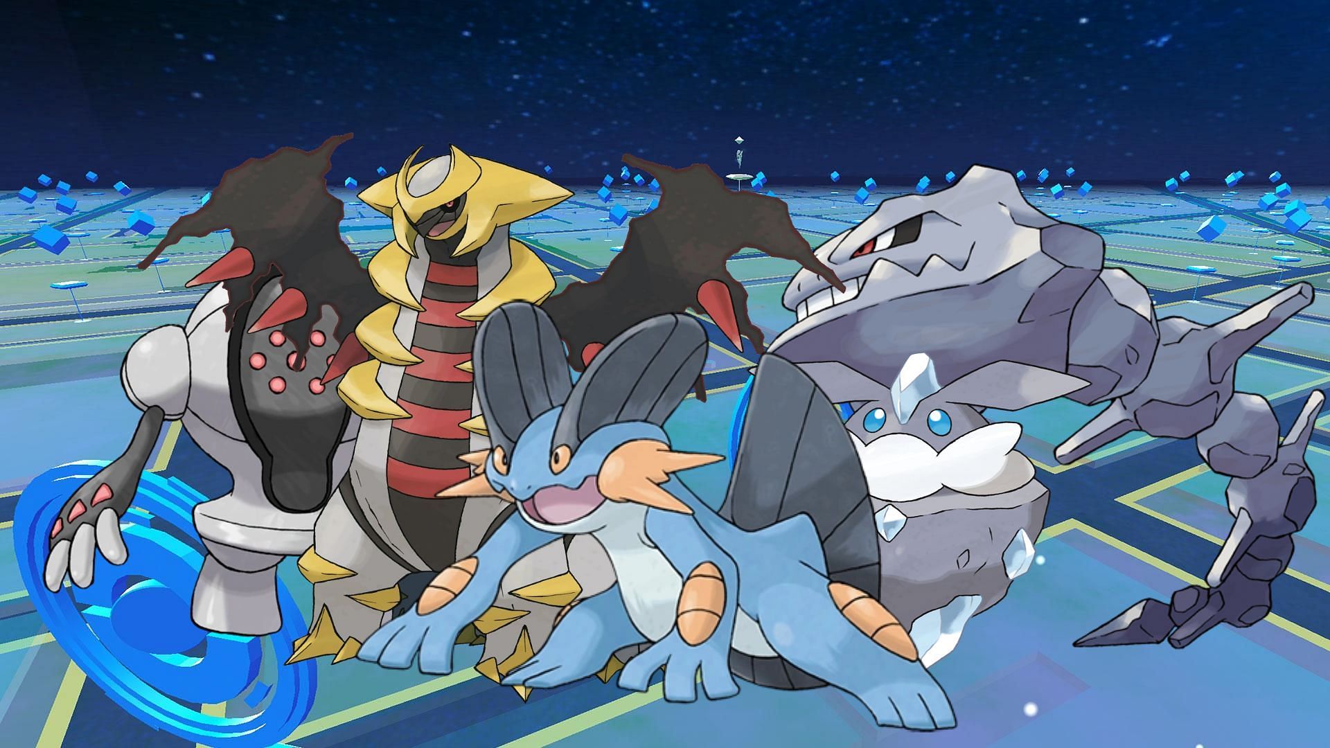 Registeel, Carbink, Steelix, Giratina, and Swampert in Pokemon GO.