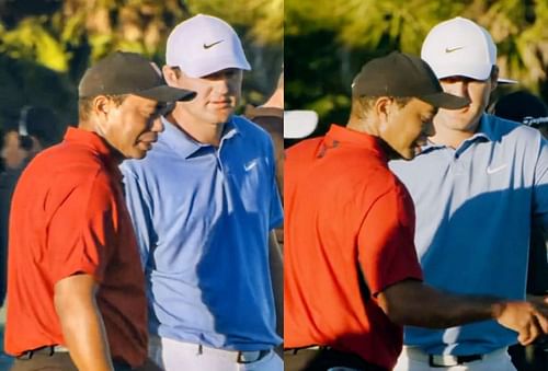 Tiger Woods and Scottie Scheffler while discussing Woods' 