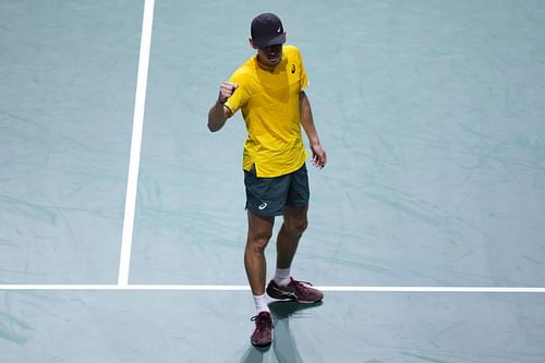 Alex de Minaur celebrates his win over Emil Ruusuvuori at the Davis Cup