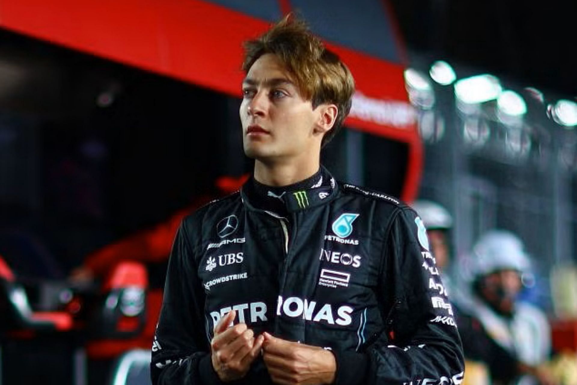 George Russell walks in the pitlane prior to practice ahead of the 2023 F1 Las Vegas Grand Prix. (Photo by Dan Istitene/Getty Images)