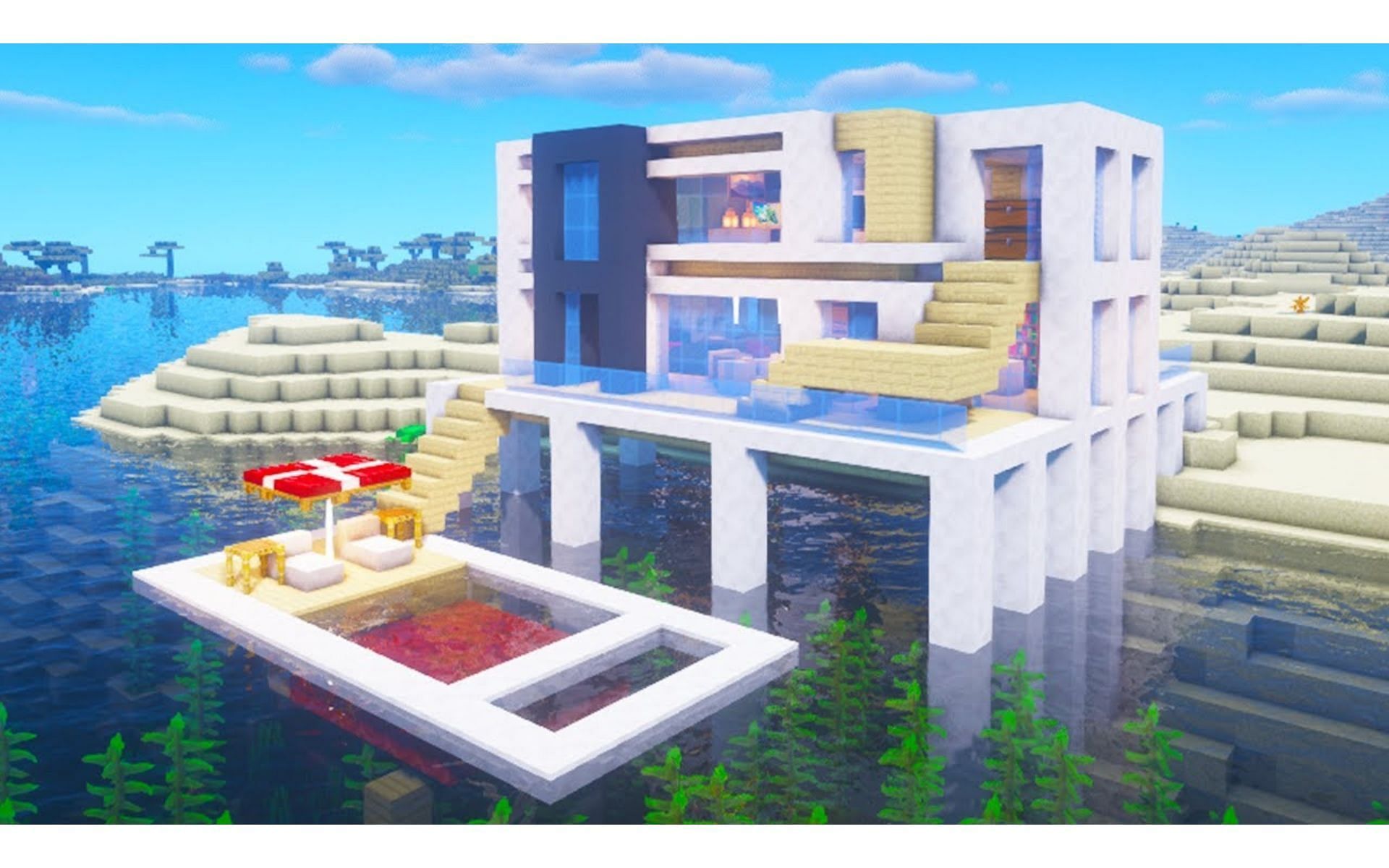 A modern beach house can look refreshing after a hot beach day. (Image via YouTube/TSMC Minecraft)