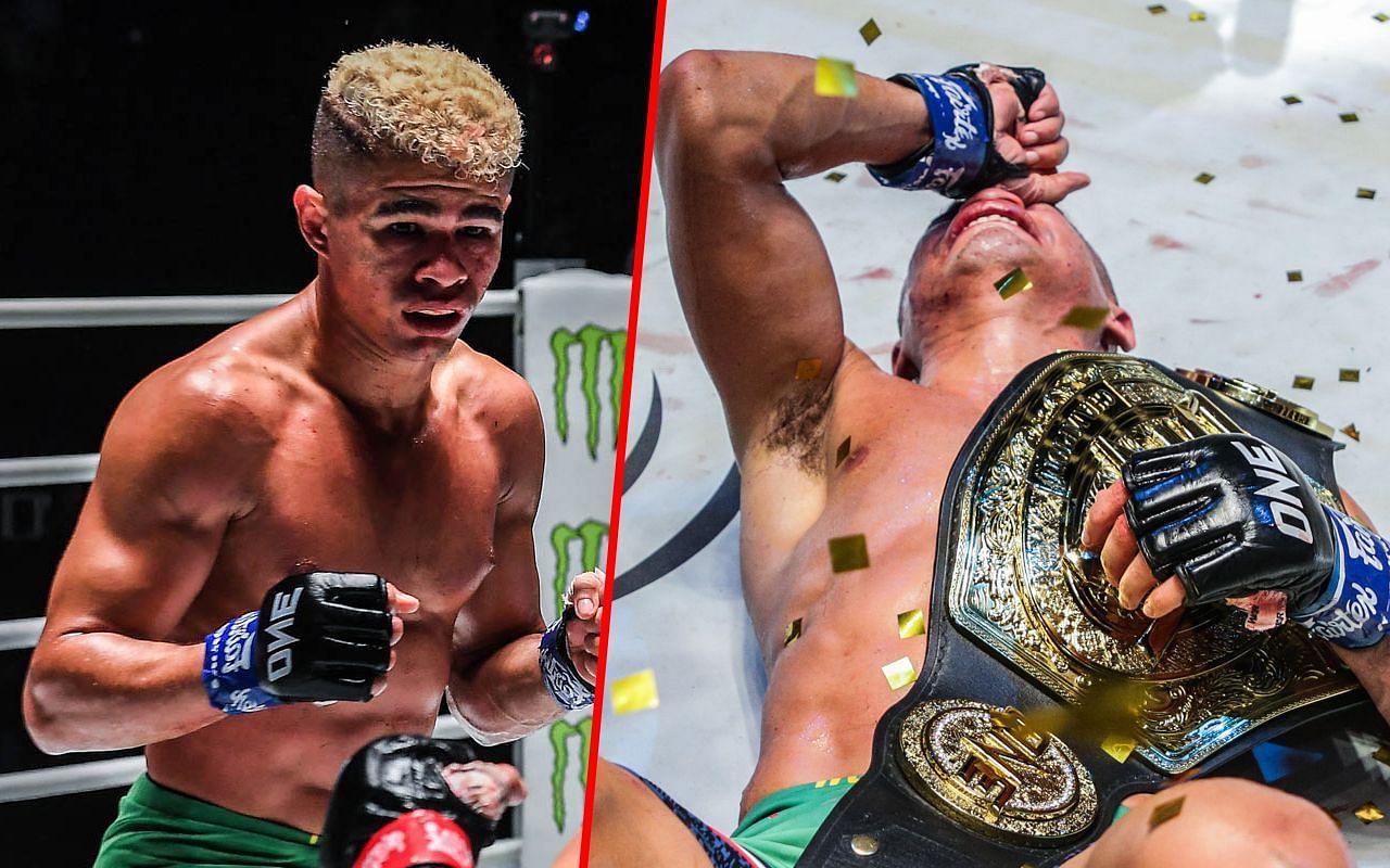 Fabricio Andrade (left) and Andrade celebrating with his world title (right) | Image credit: ONE Championship