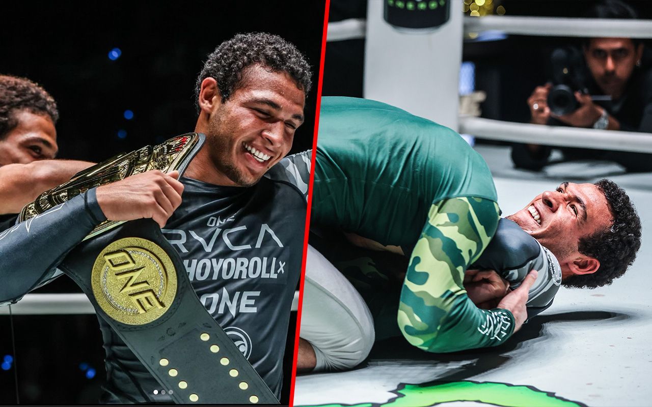 Tye Ruotolo (left) and Ruotolo attempting a submission against Magomed Abdulkadirov | Image credit: ONE Championship