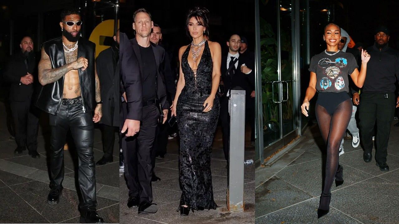 Odell Beckham Jr., Kim Kardashian and Lori Harvey walking into his birthday bash.