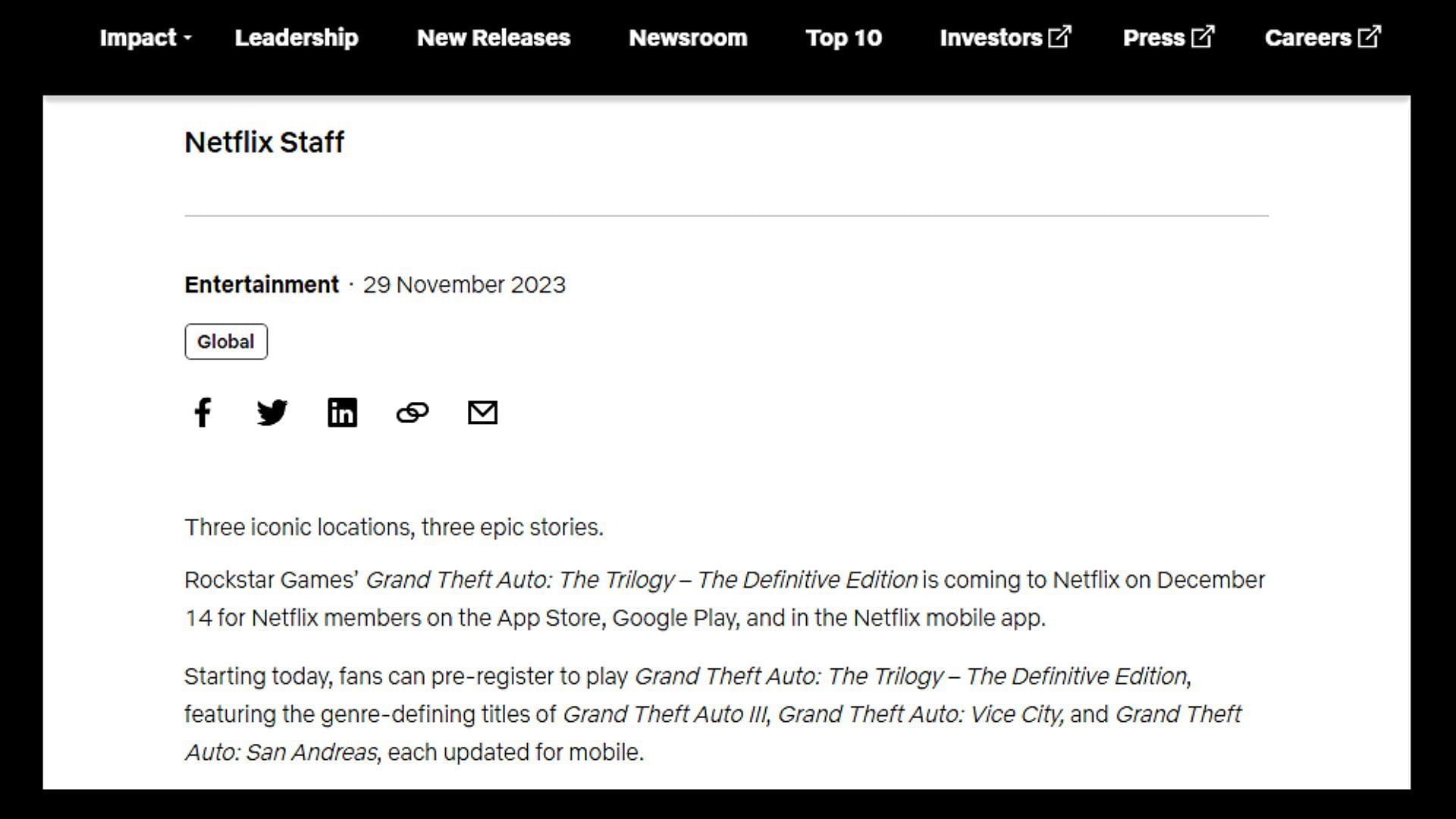 Grand Theft Auto Trilogy Definitive Edition to release on Netflix soon (Image via about.netflix.com)