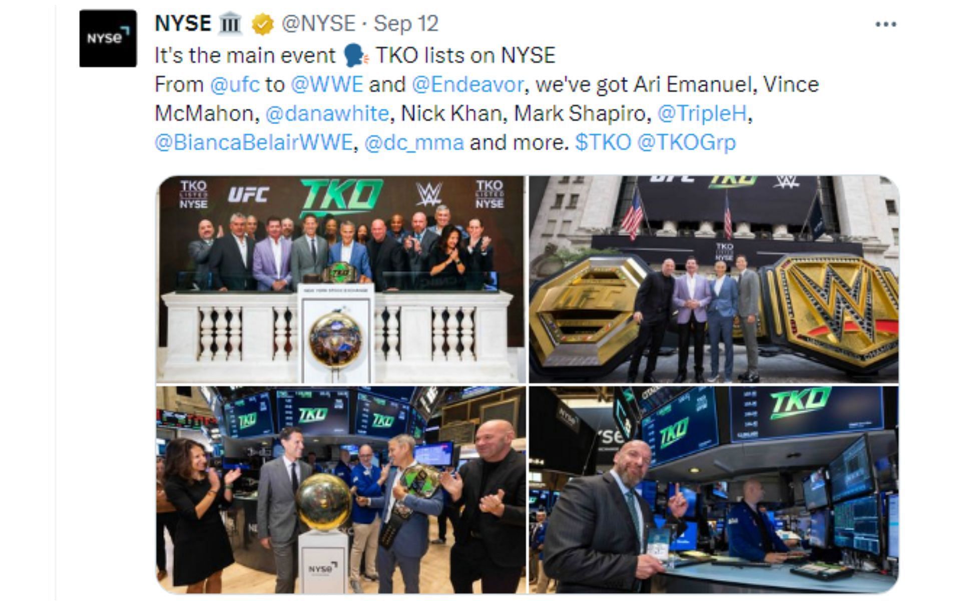 Tweet regarding TKO listing on the NYSE