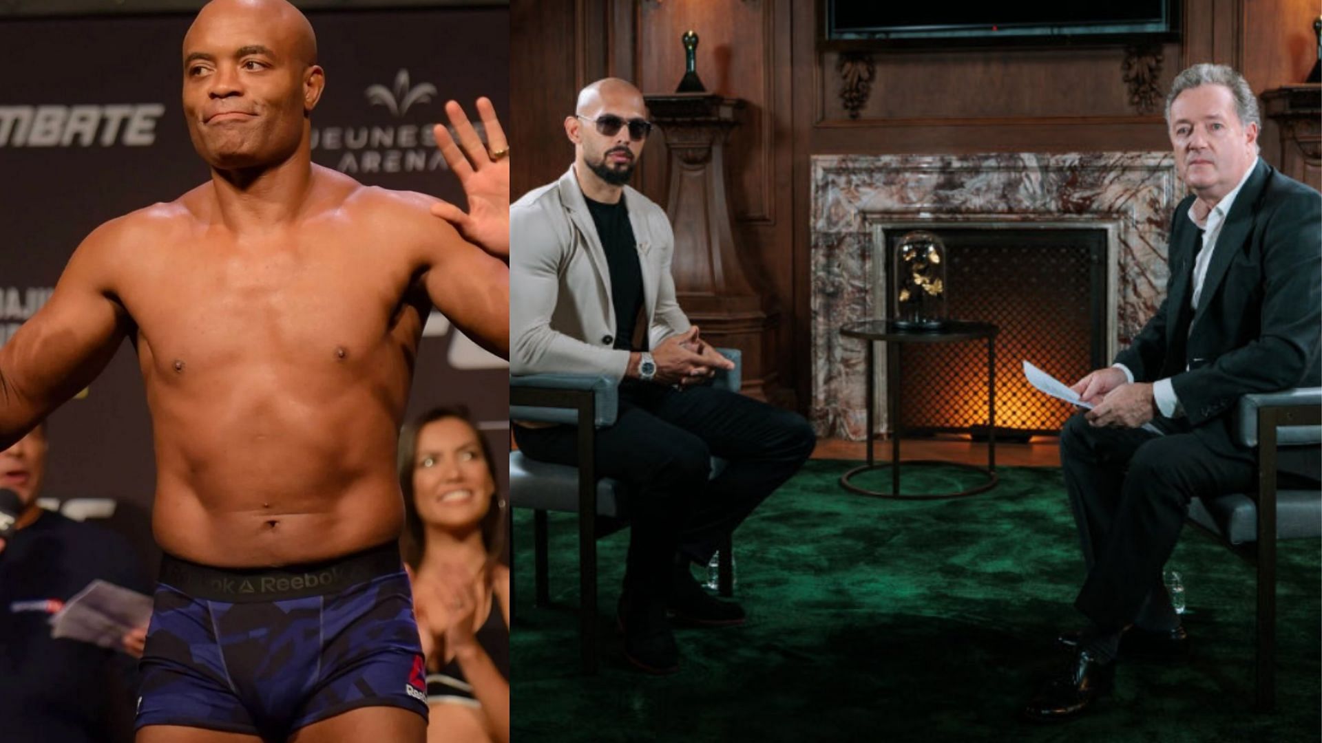 Anderson Silva (left), Andrew Tate &amp; Piers Morgan (right) [Images courtesy of ufc.com &amp; @piersmorgan on X]