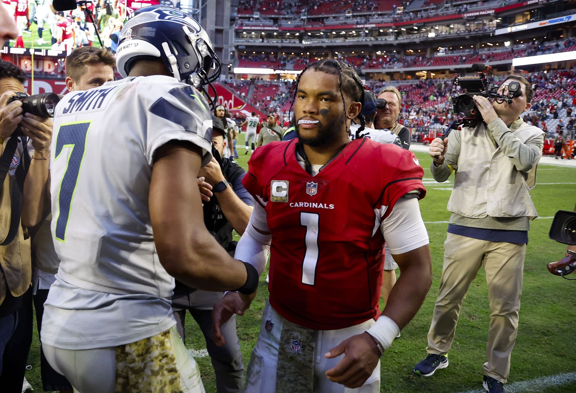 Geno Smith and Kyler Murray during Seattle Seahawks vs. Arizona Cardinals