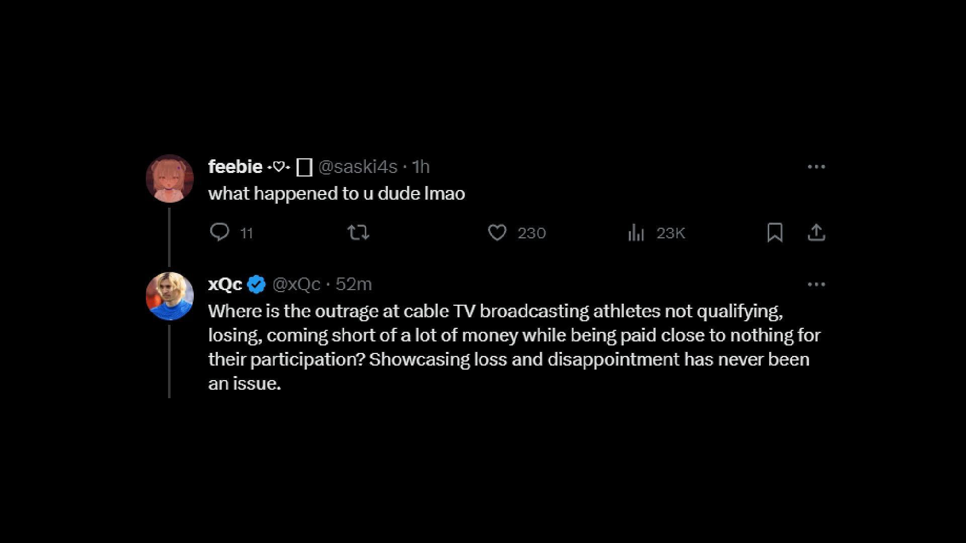 Another exchange F&eacute;lix had with users was under his tweet. (Image via xQc/X)