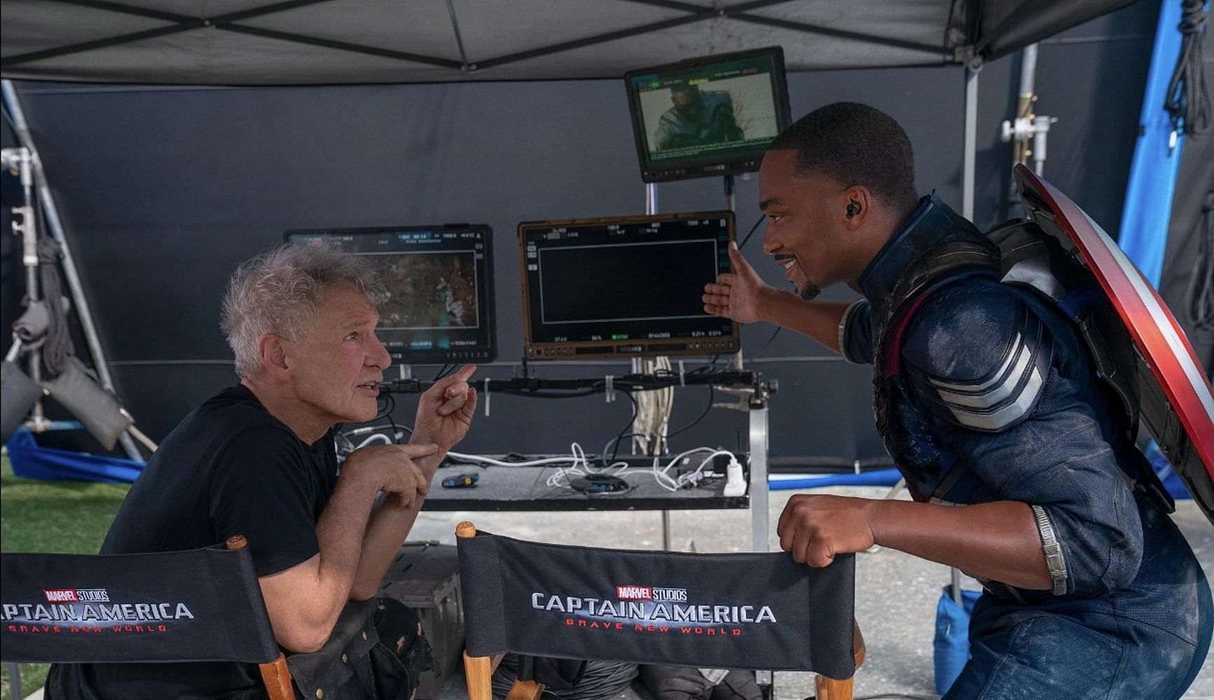 Harrison Ford and Anthony Mackie on the sets of Captain America: Brave New World (Image via IMDb)